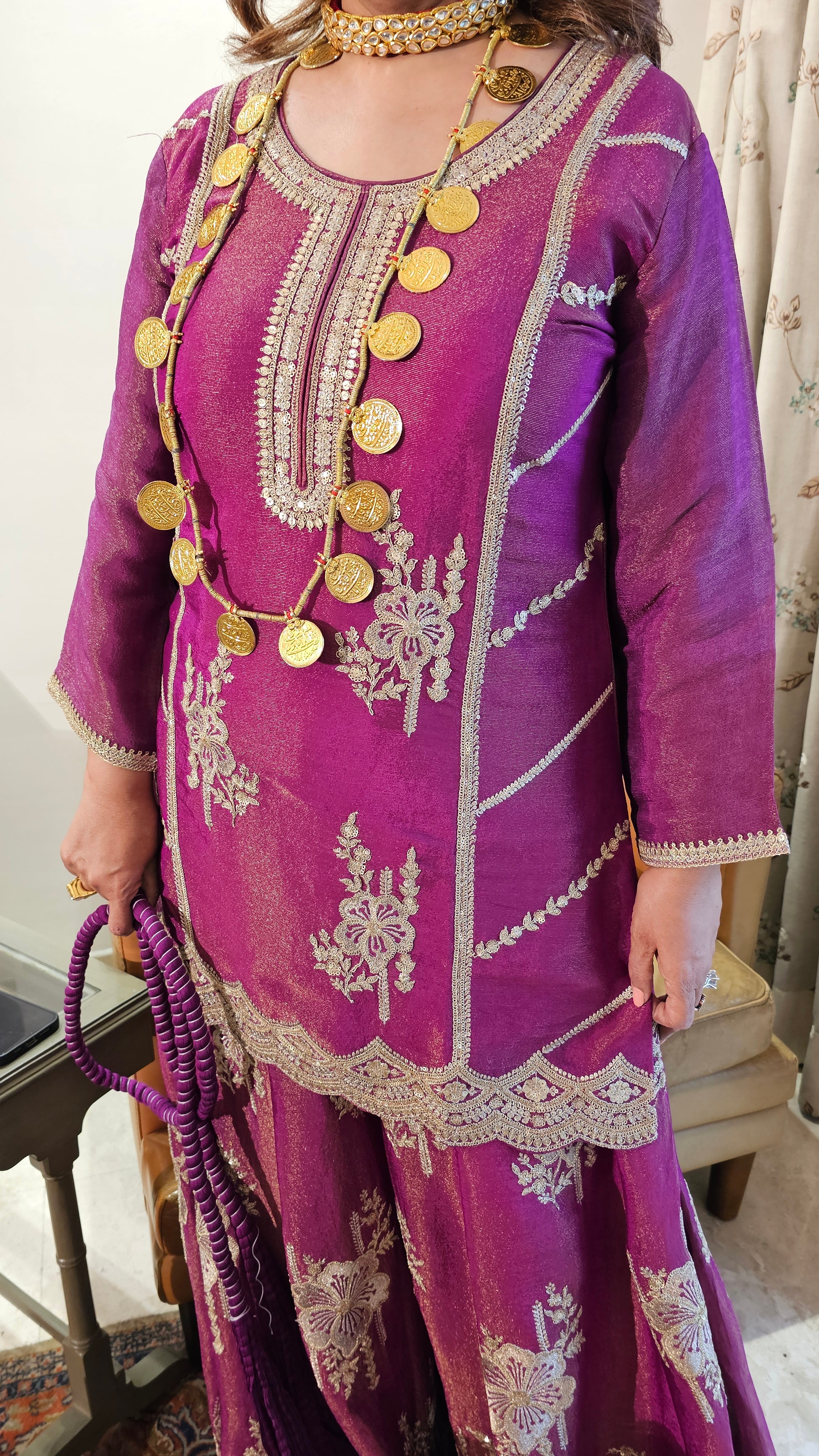 Beautiful Tissue Fabric Suit with Palazzo Embellished with Zari Work