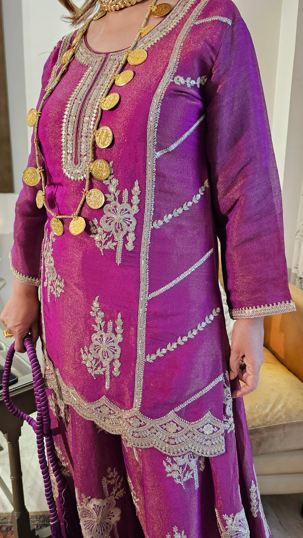 Beautiful Tissue Fabric Suit with Palazzo Embellished with Zari Work
