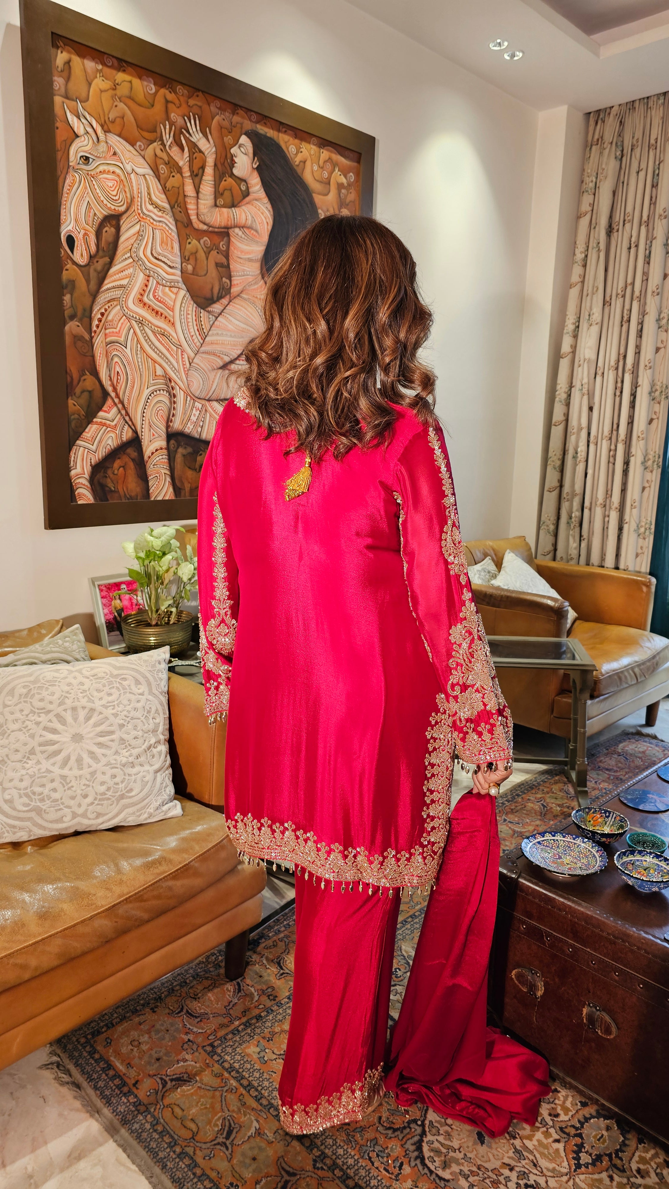 Beautiful Chinon Fabric Suit with Palazzo Embellished with Hand Work
