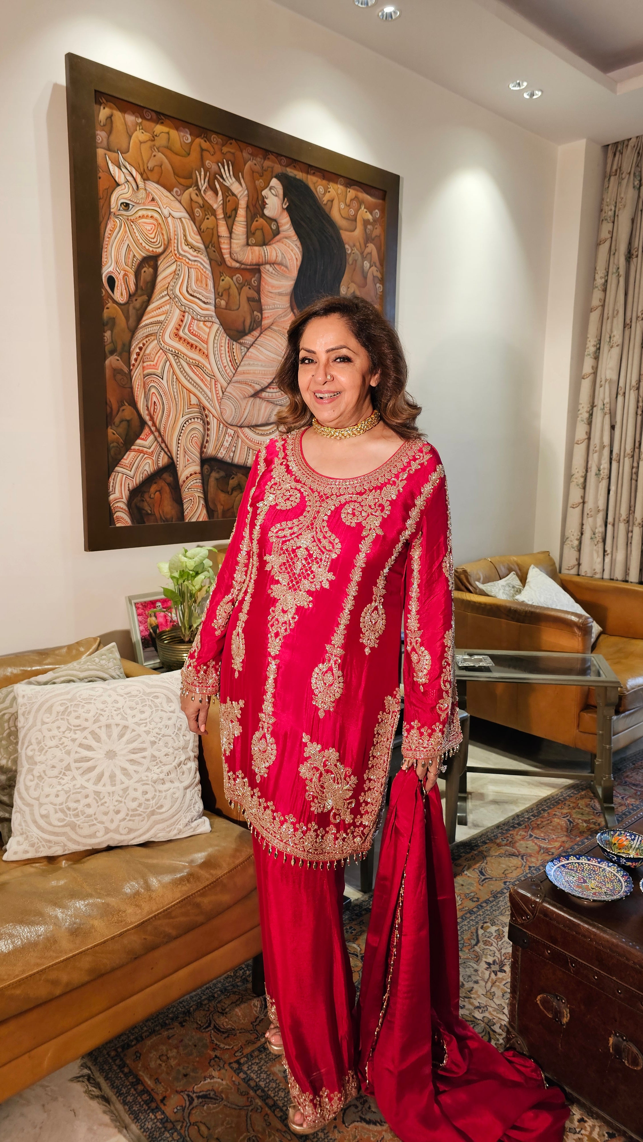 Beautiful Chinon Fabric Suit with Palazzo Embellished with Hand Work
