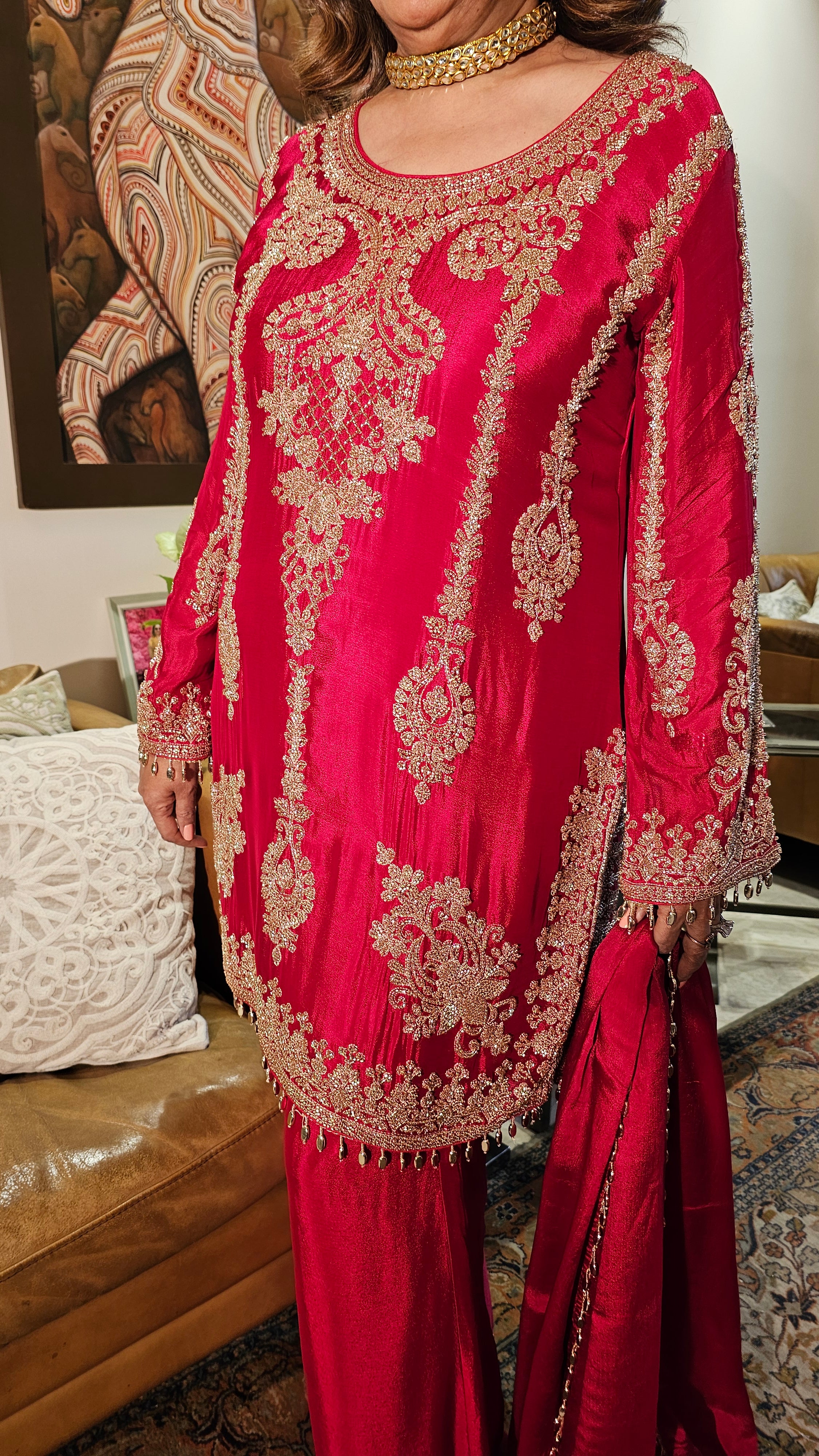 Beautiful Chinon Fabric Suit with Palazzo Embellished with Hand Work