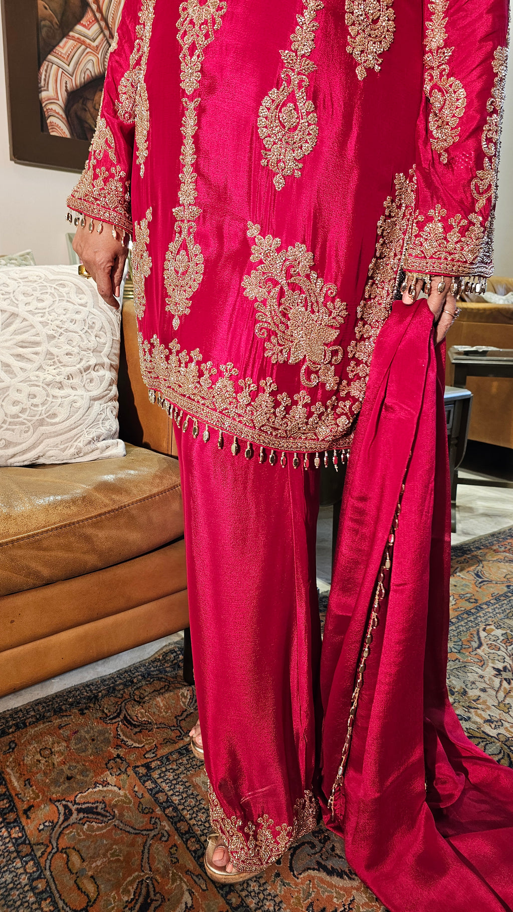 Beautiful Chinon Fabric Suit with Palazzo Embellished with Hand Work