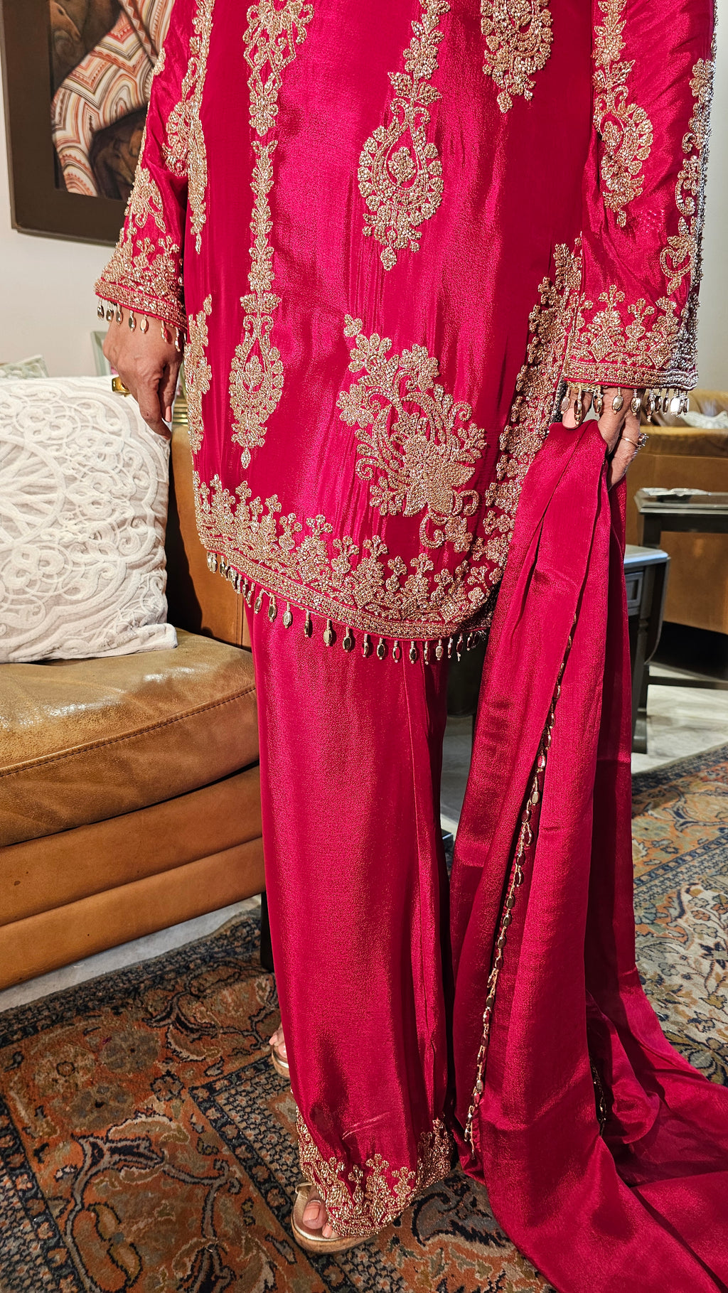 Beautiful Chinon Fabric Suit with Palazzo Embellished with Hand Work