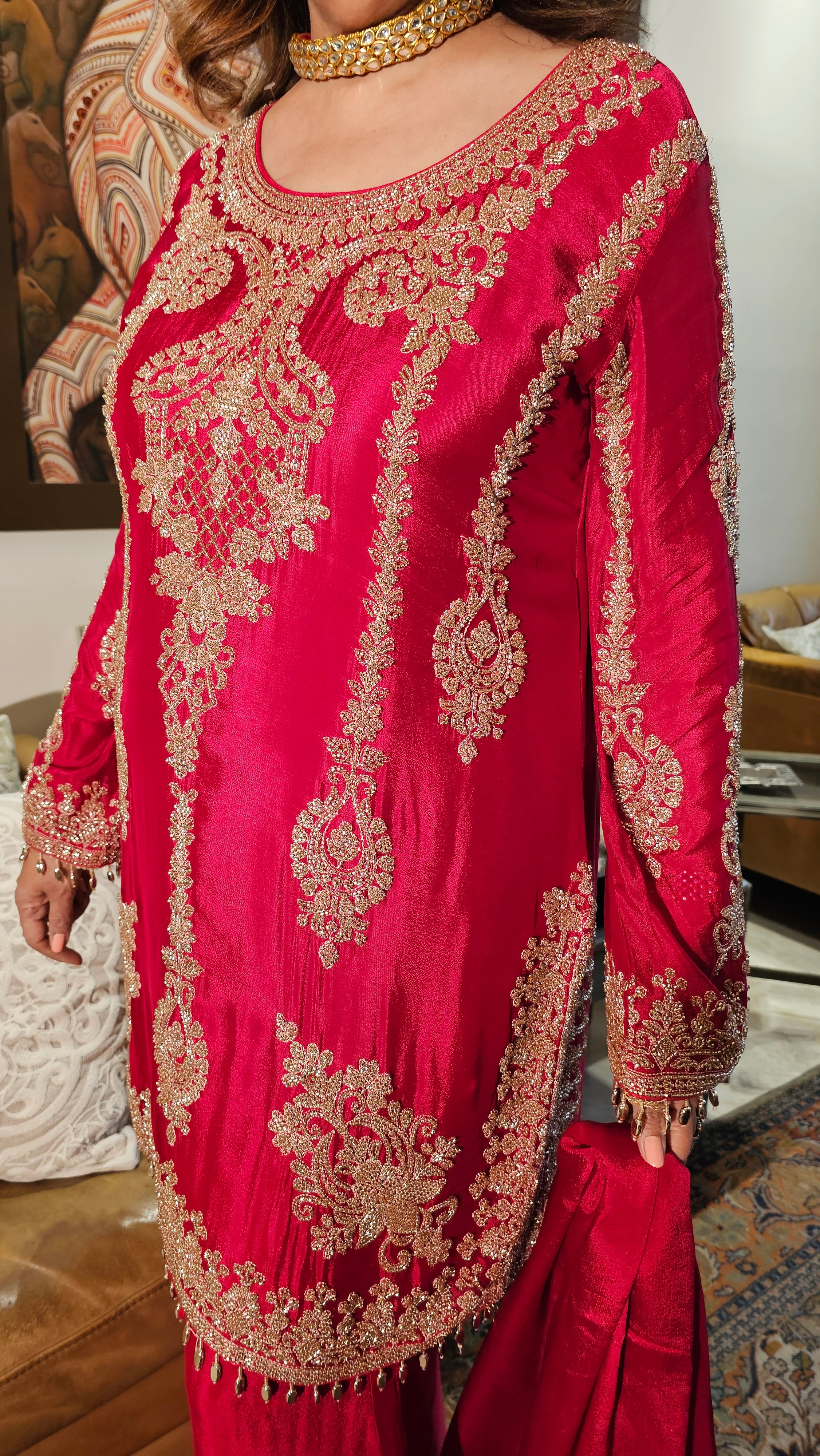 Beautiful Chinon Fabric Suit with Palazzo Embellished with Hand Work