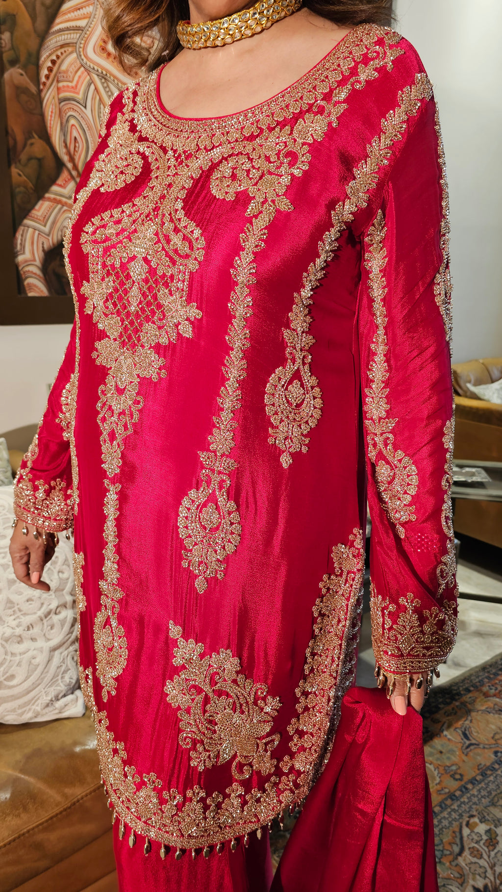 Beautiful Chinon Fabric Suit with Palazzo Embellished with Hand Work