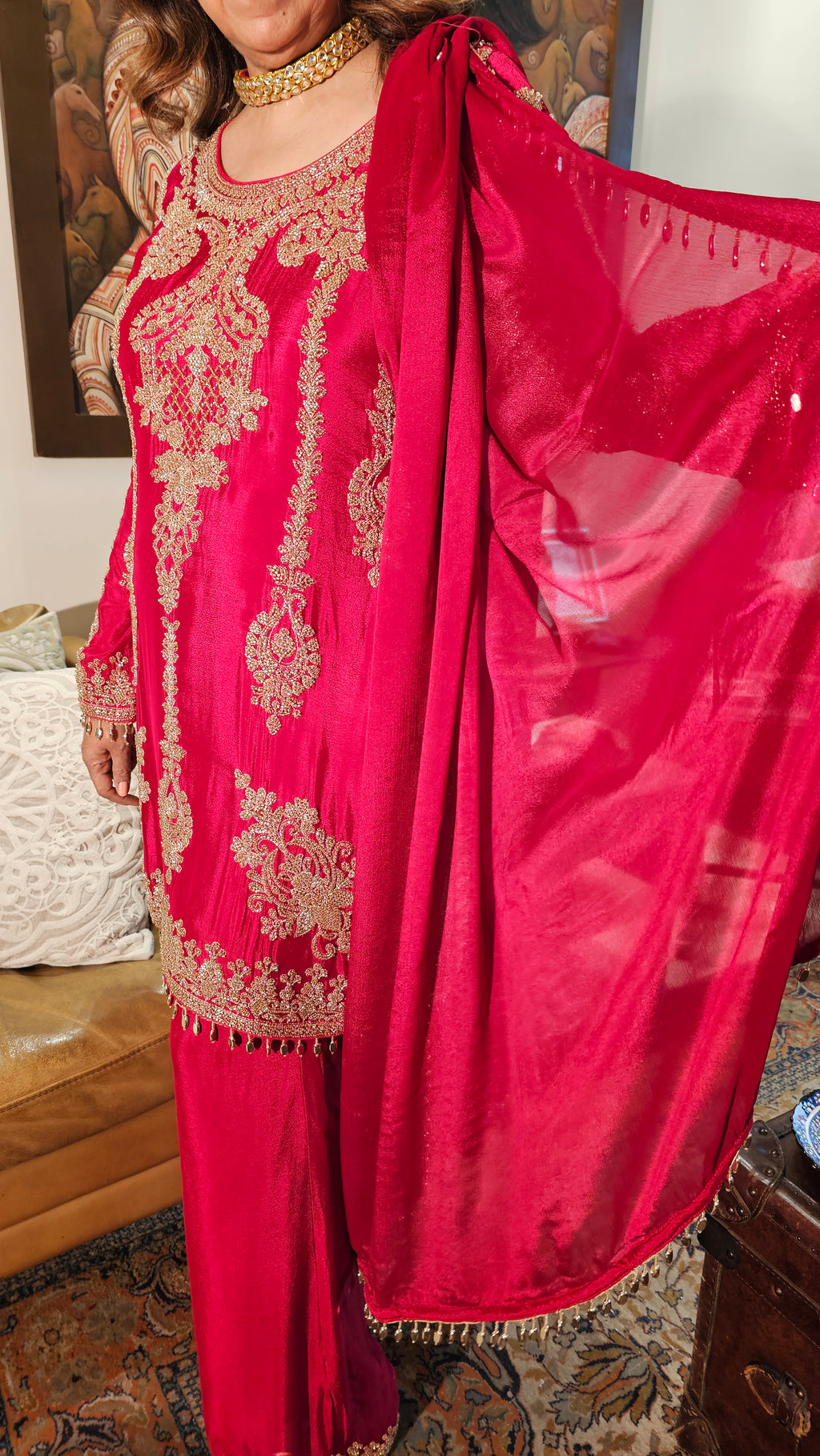 Beautiful Chinon Fabric Suit with Palazzo Embellished with Hand Work