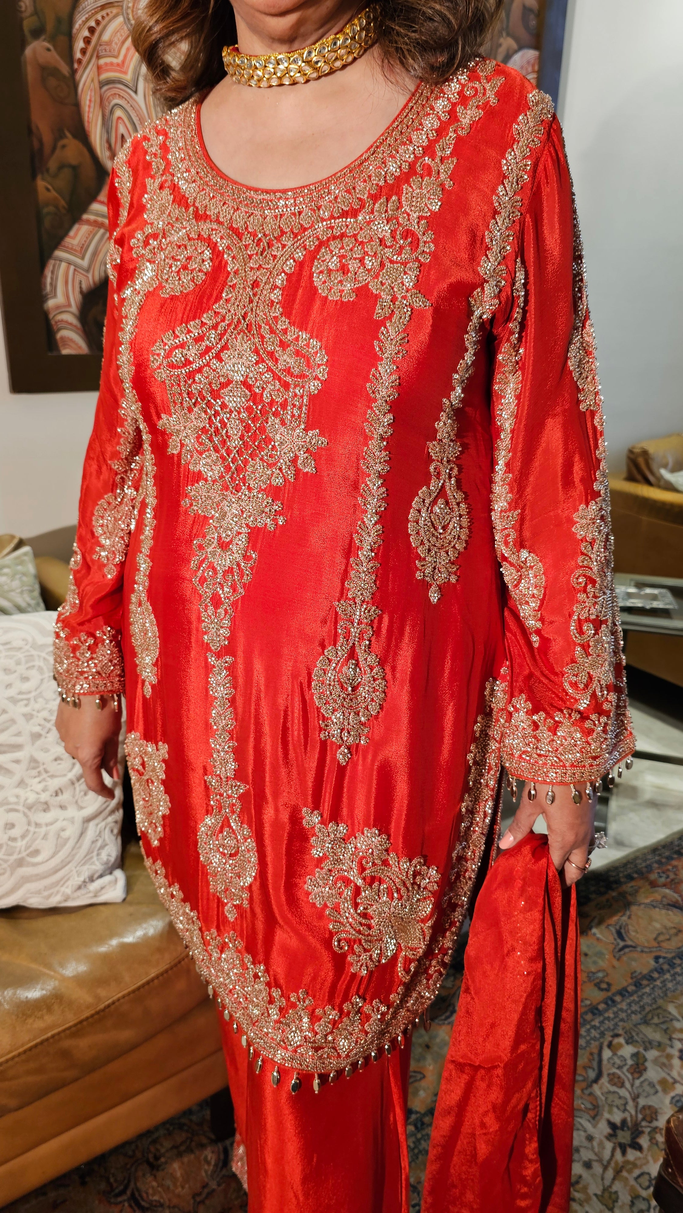 Beautiful Chinon Fabric Suit with Palazzo Embellished with Hand Work