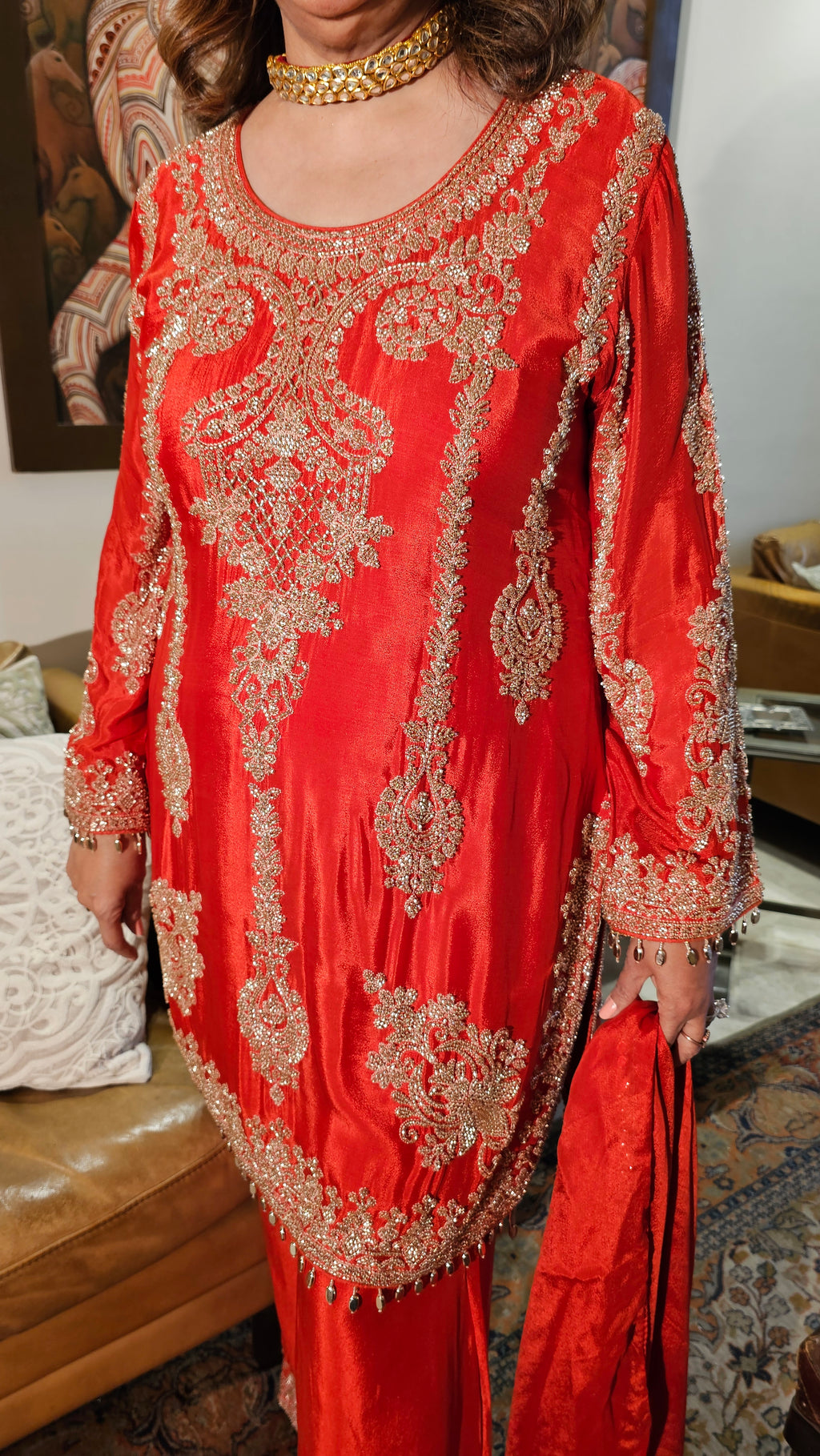 Beautiful Chinon Fabric Suit with Palazzo Embellished with Hand Work
