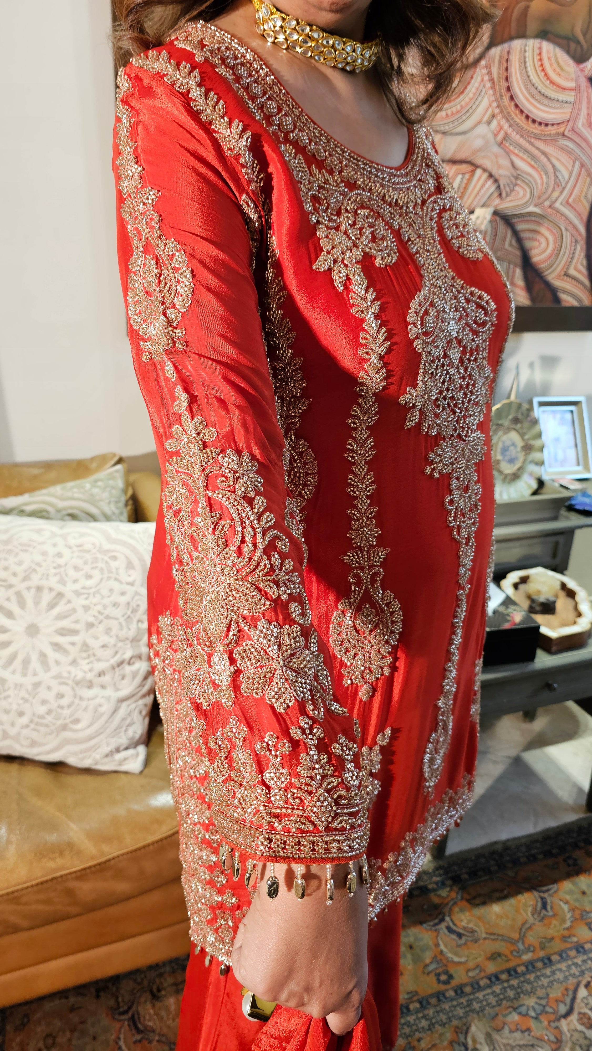 Beautiful Chinon Fabric Suit with Palazzo Embellished with Hand Work