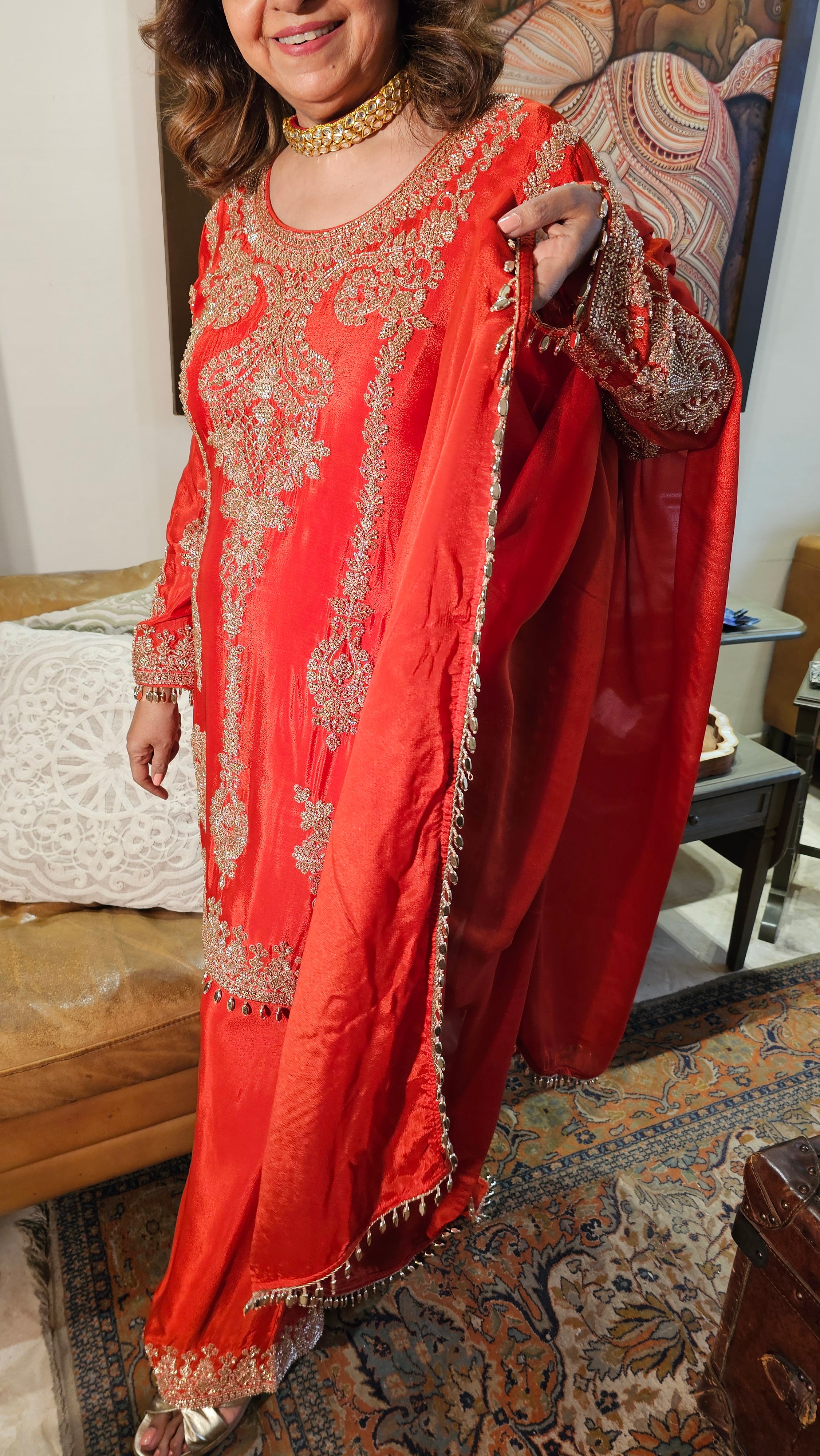 Beautiful Chinon Fabric Suit with Palazzo Embellished with Hand Work