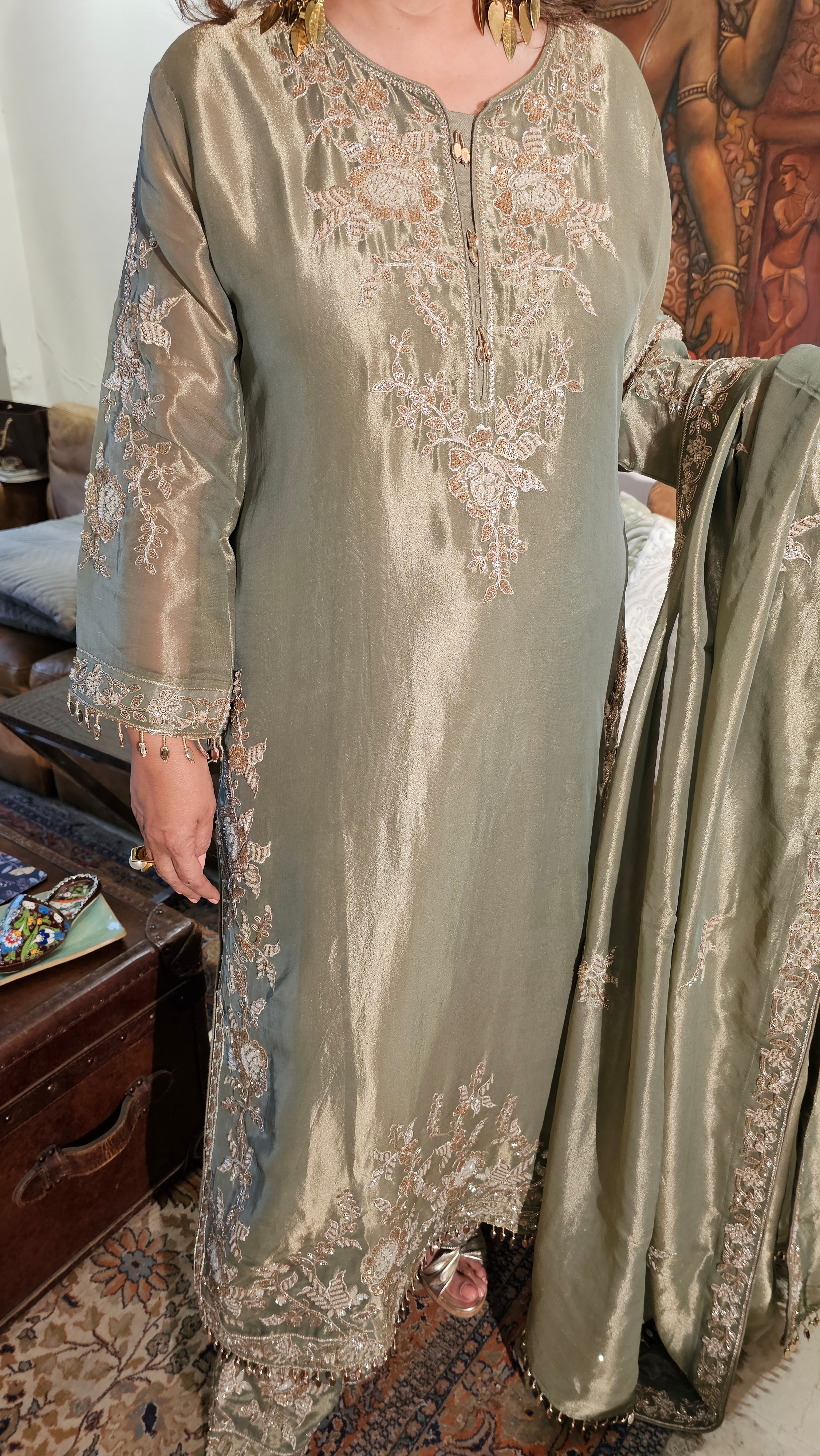 Stunning Tissue Fabric Suit with Pants Embellished with Hand Work