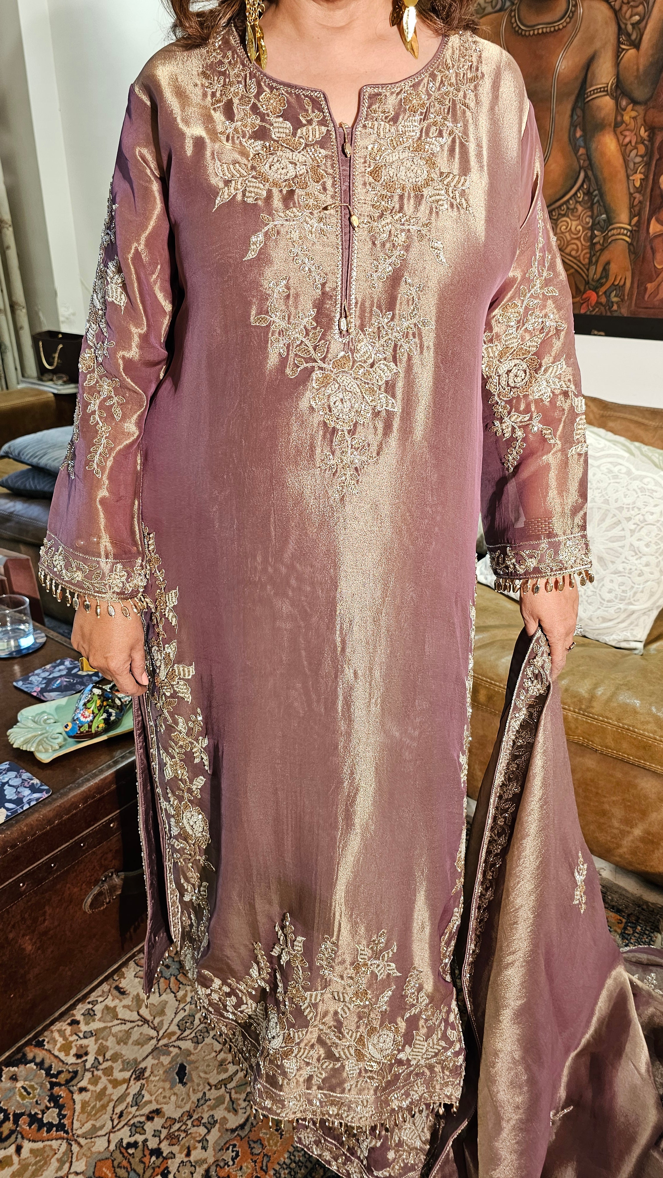 Stunning Tissue Fabric Suit with Pants Embellished with Hand Work