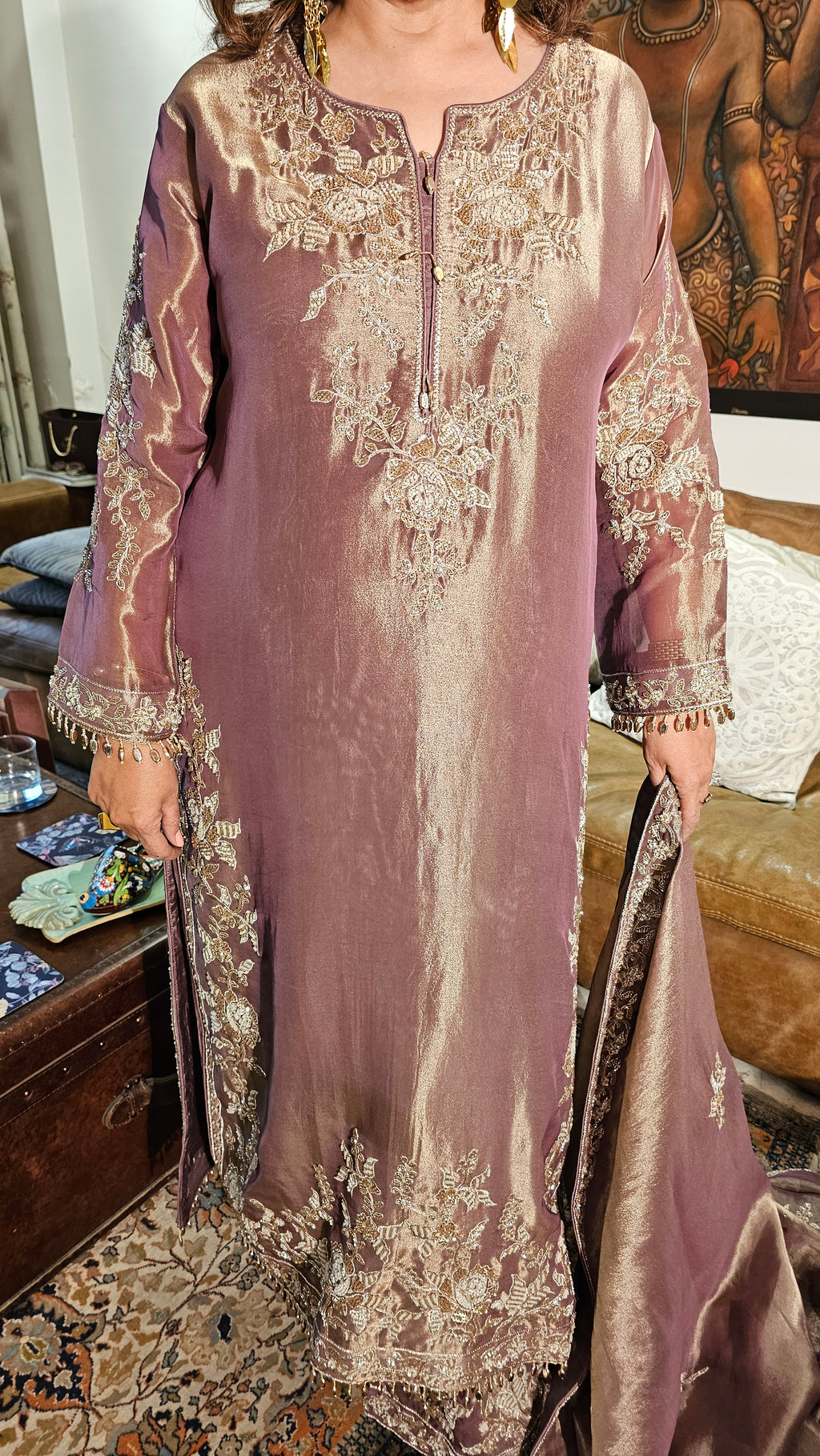 Stunning Tissue Fabric Suit with Pants Embellished with Hand Work