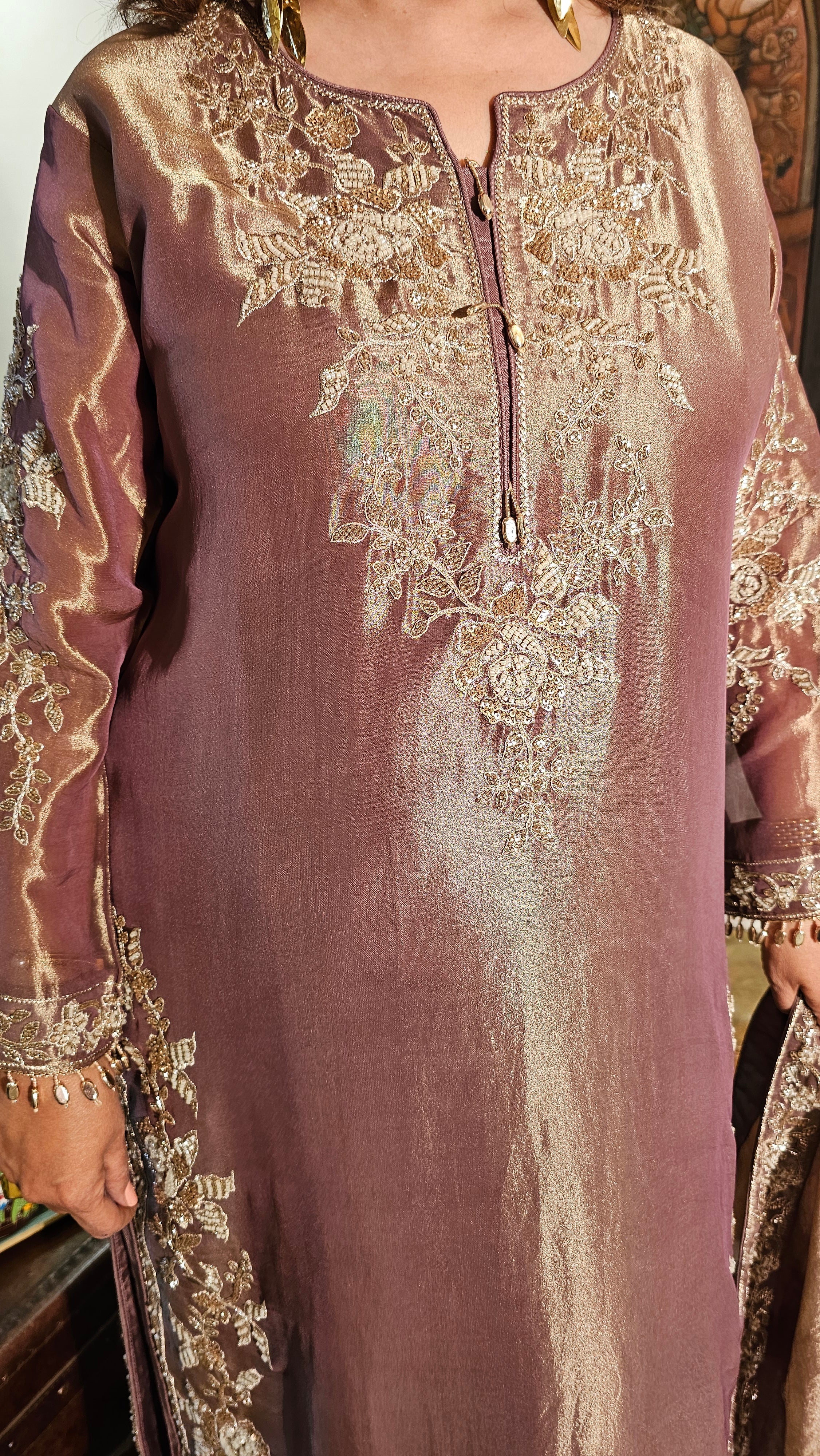 Stunning Tissue Fabric Suit with Pants Embellished with Hand Work
