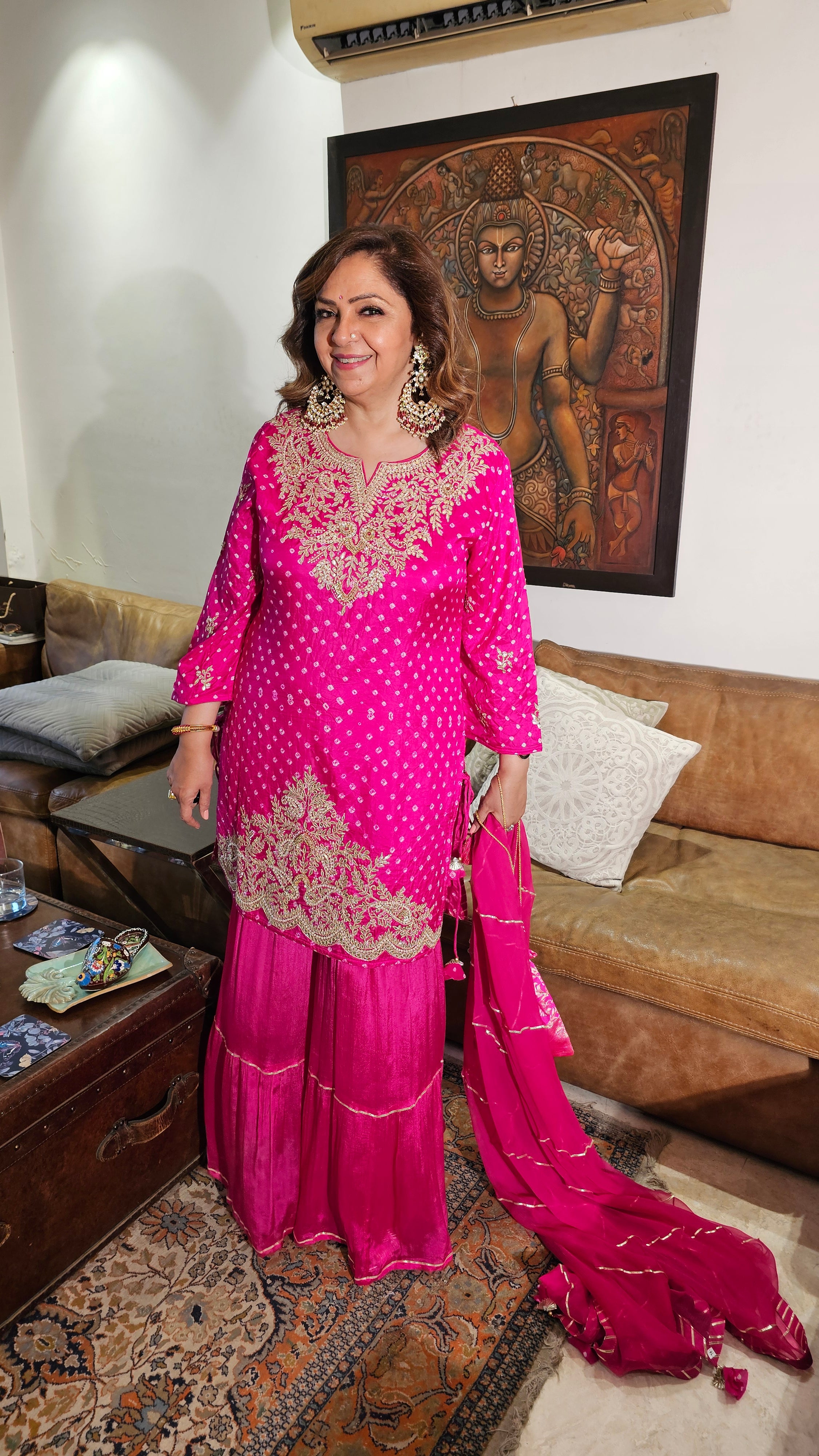 Stunning Pure Bandhej Silk with Chinon Garara Embellished with Gota Patti & Hand Work