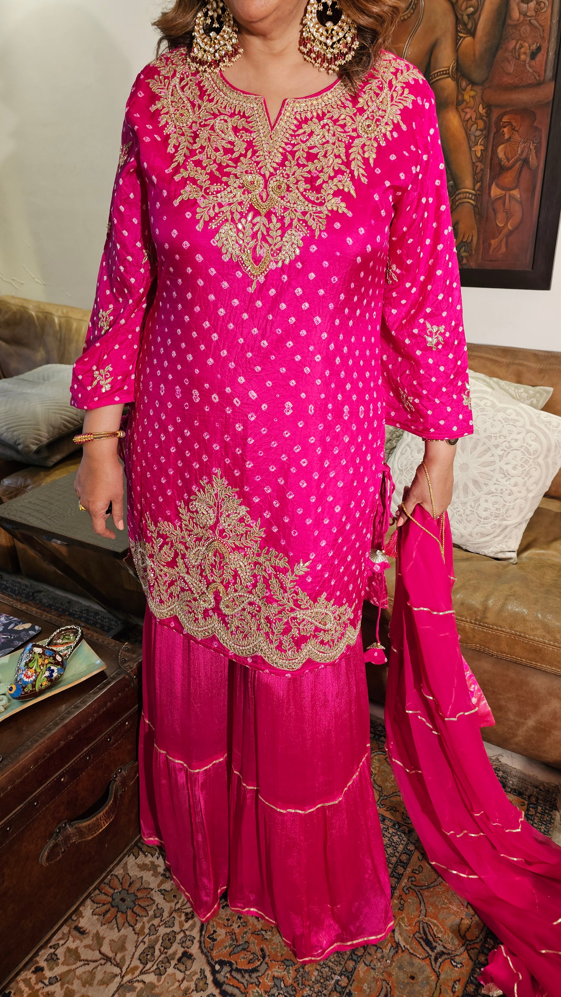 Stunning Pure Bandhej Silk with Chinon Garara Embellished with Gota Patti & Hand Work