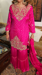 Stunning Pure Bandhej Silk with Chinon Garara Embellished with Gota Patti & Hand Work
