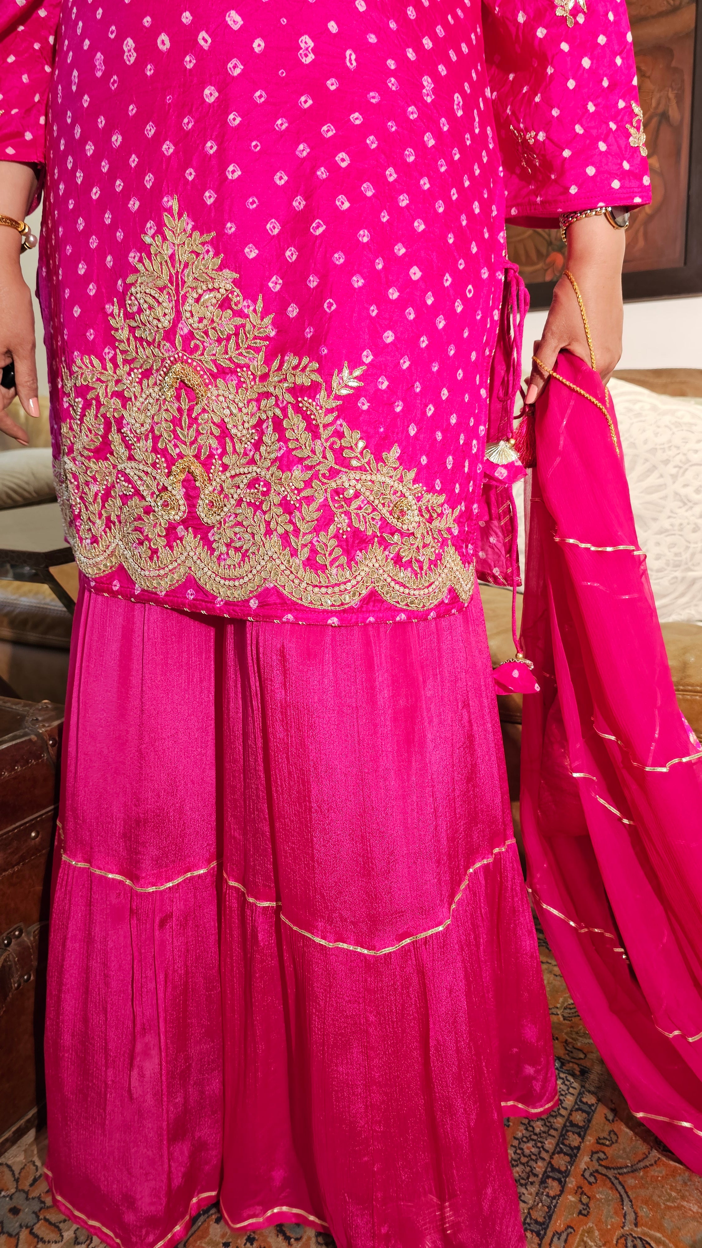 Stunning Pure Bandhej Silk with Chinon Garara Embellished with Gota Patti & Hand Work
