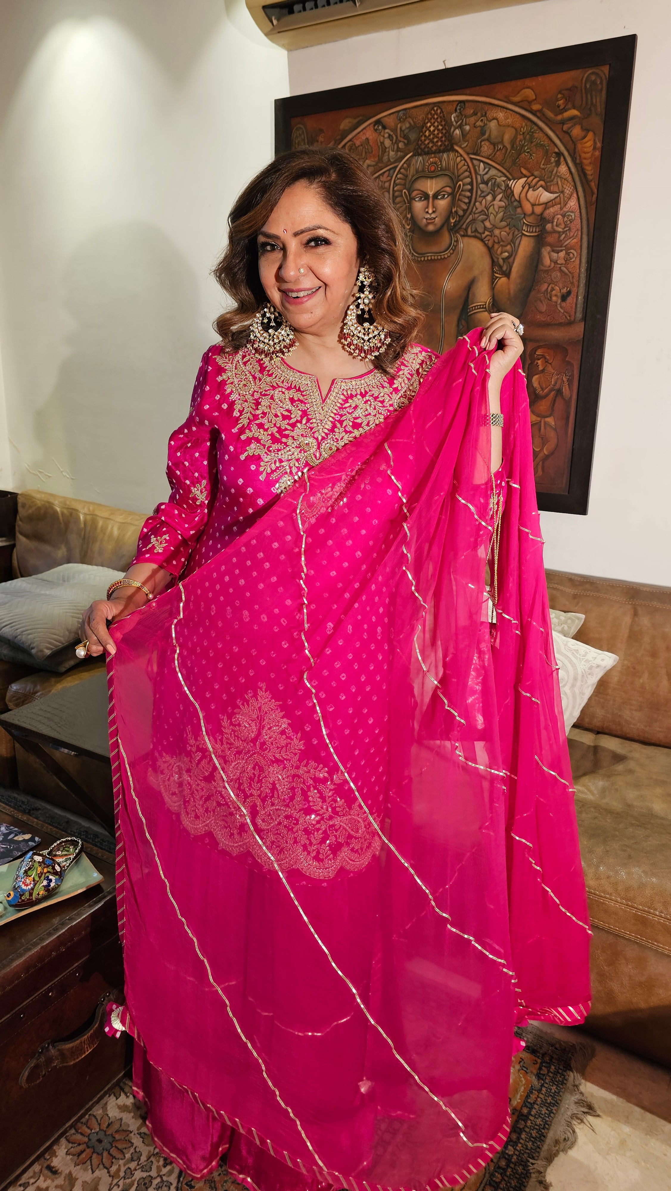 Stunning Pure Bandhej Silk with Chinon Garara Embellished with Gota Patti & Hand Work
