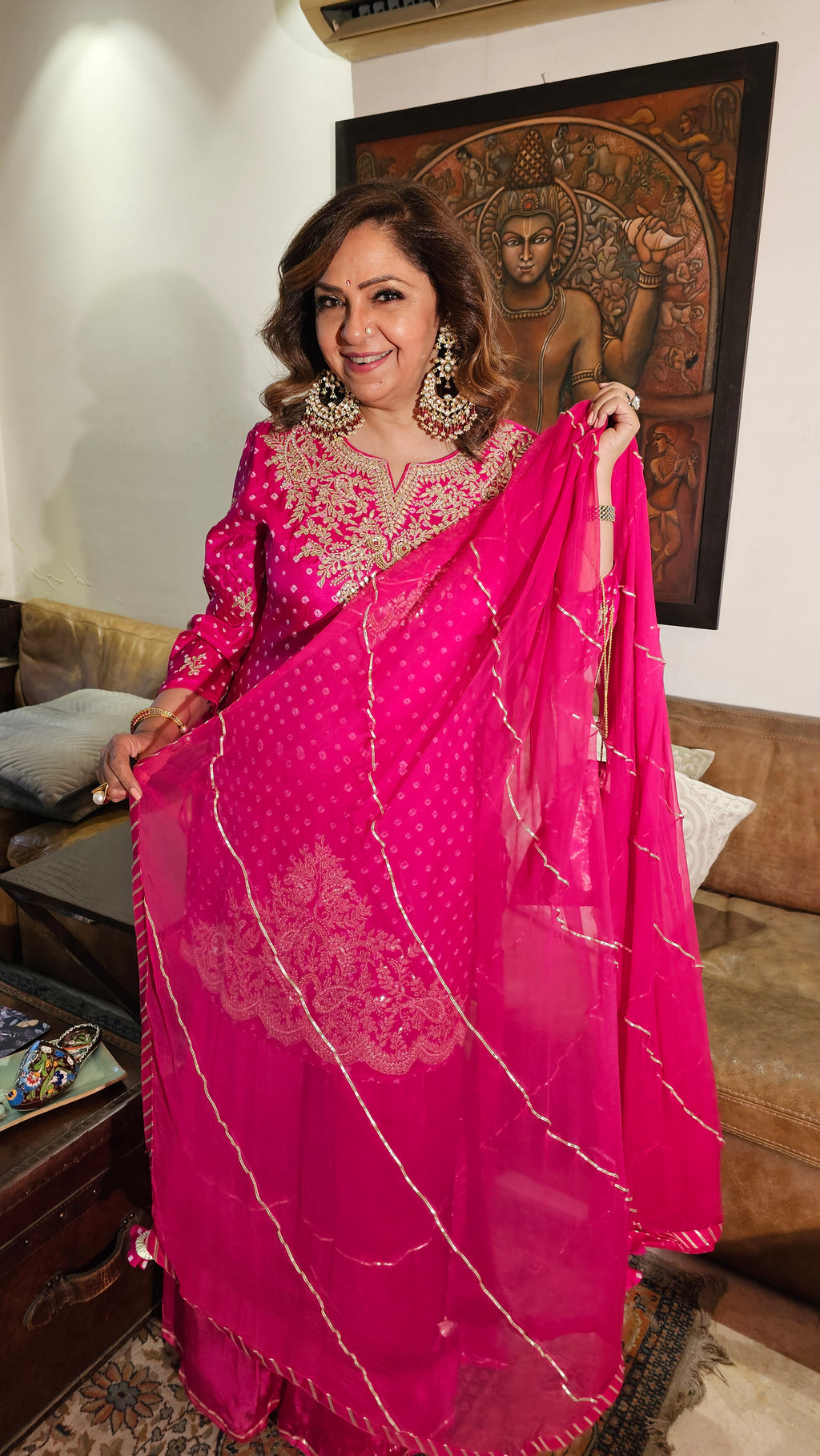 Stunning Pure Bandhej Silk with Chinon Garara Embellished with Gota Patti & Hand Work