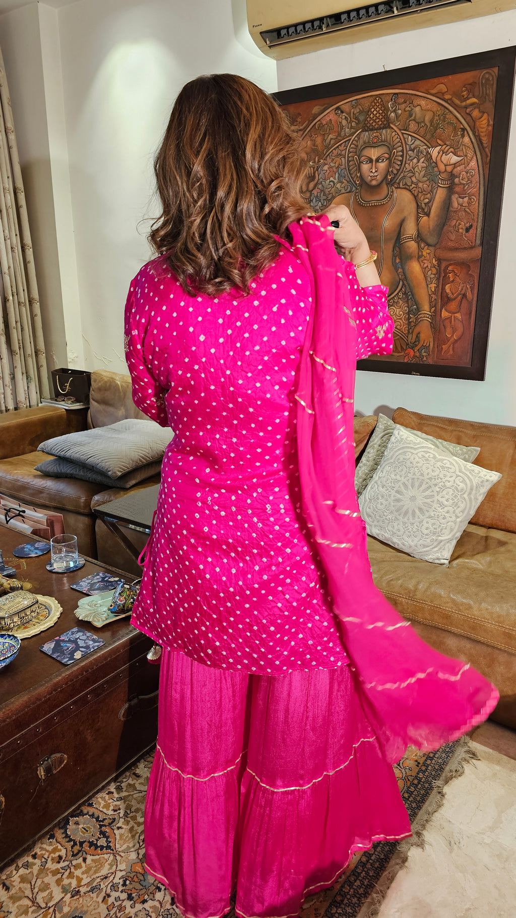Stunning Pure Bandhej Silk with Chinon Garara Embellished with Gota Patti & Hand Work