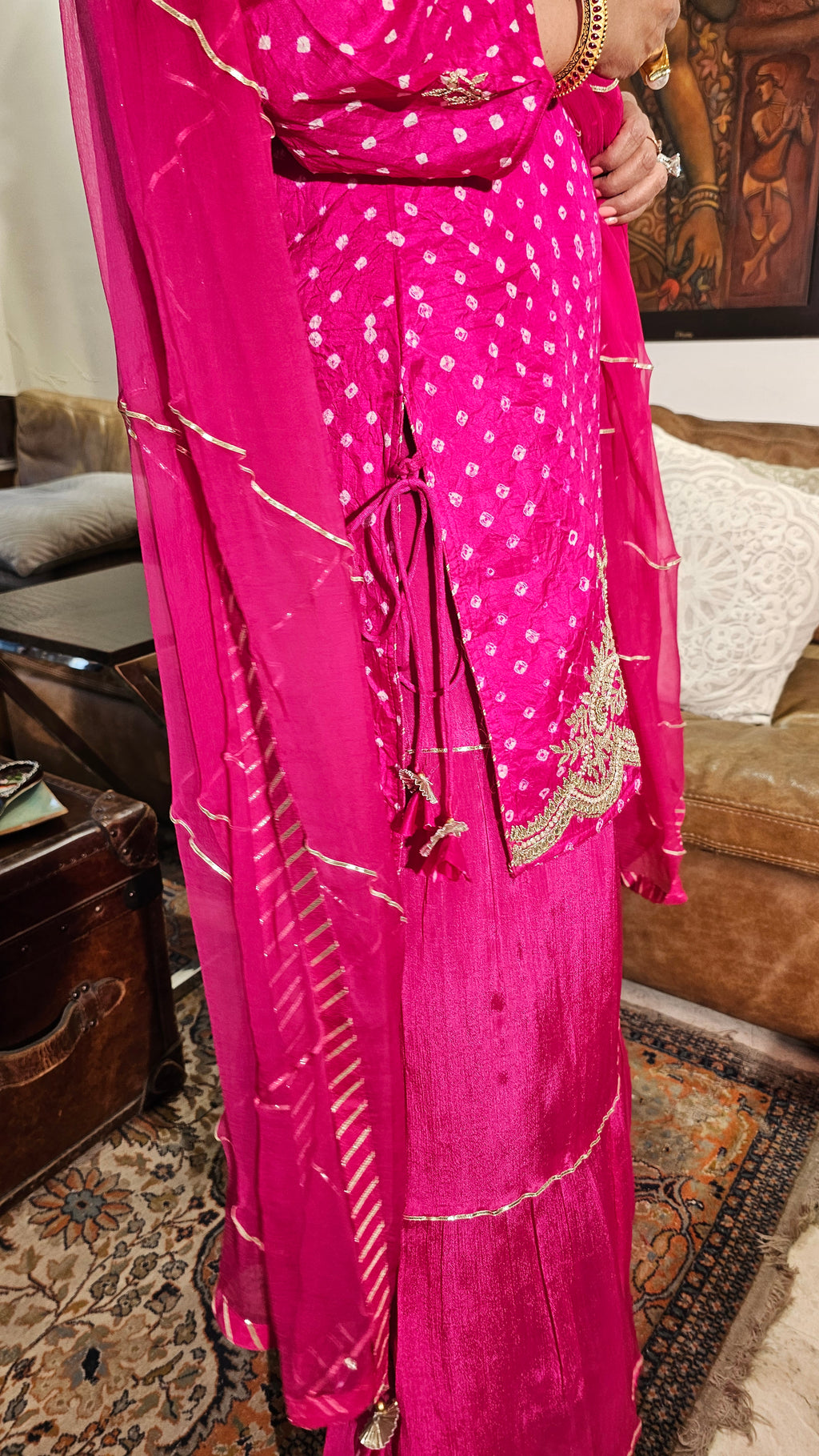 Stunning Pure Bandhej Silk with Chinon Garara Embellished with Gota Patti & Hand Work