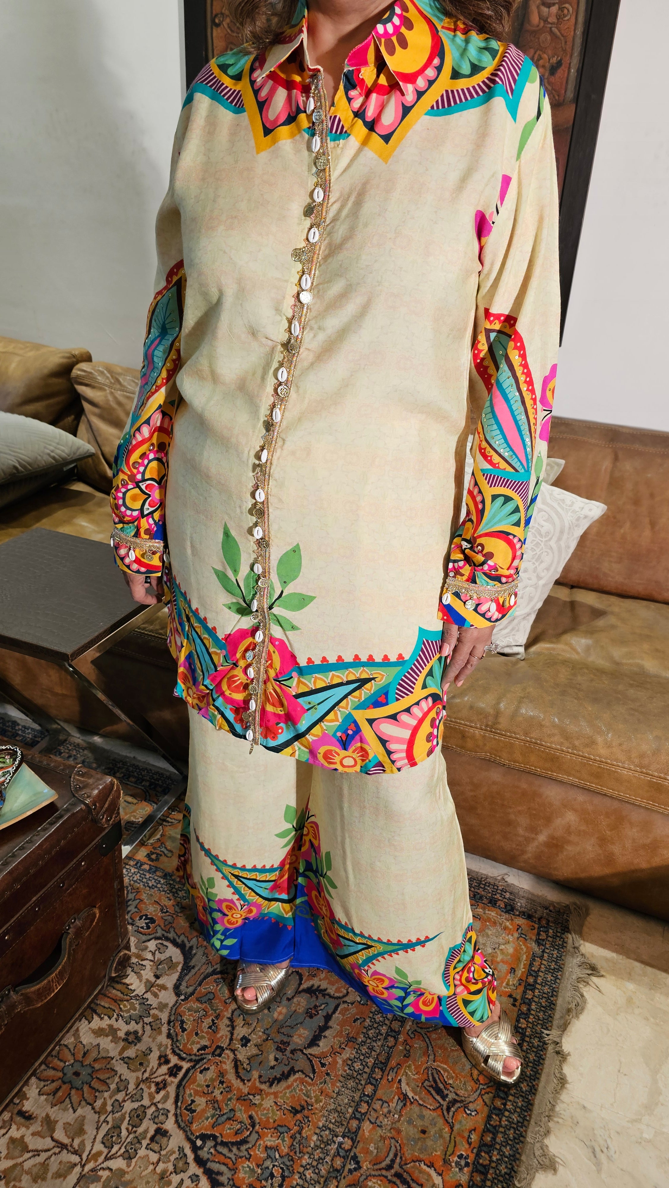 Breathable Digital Printed Muslin Fabric Co-ord Set Embellished with Pearl Work