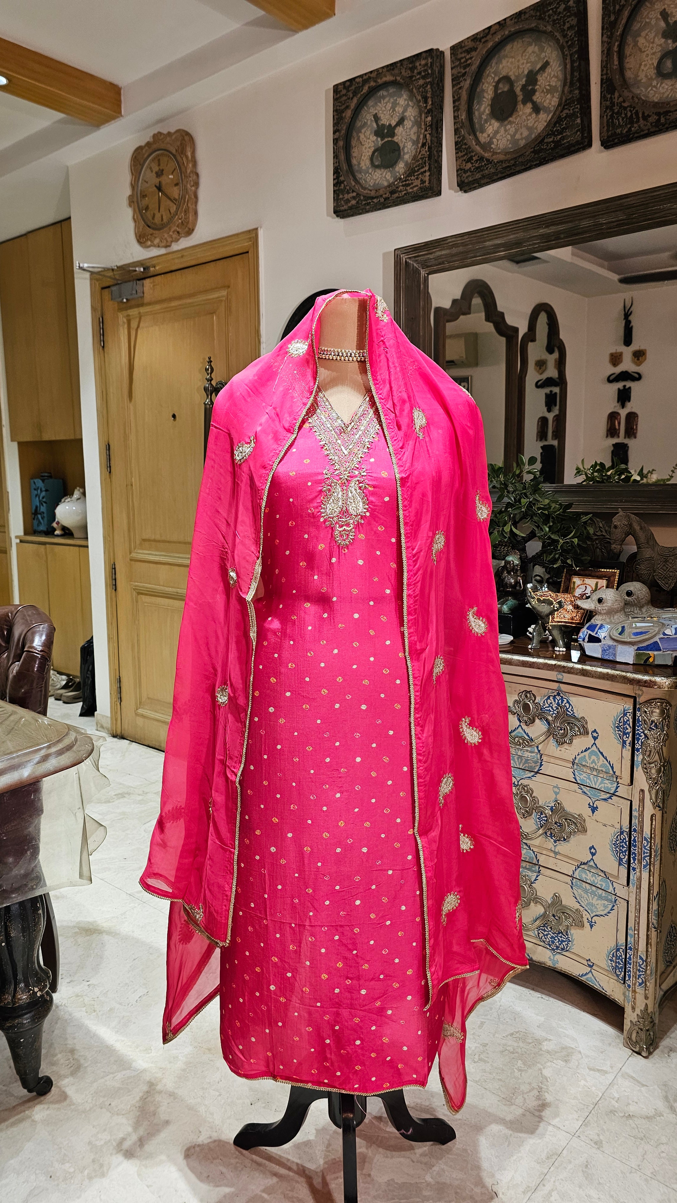 Beautiful Bandhej Print Muslin Silk Unstitched Suit With Hand Work