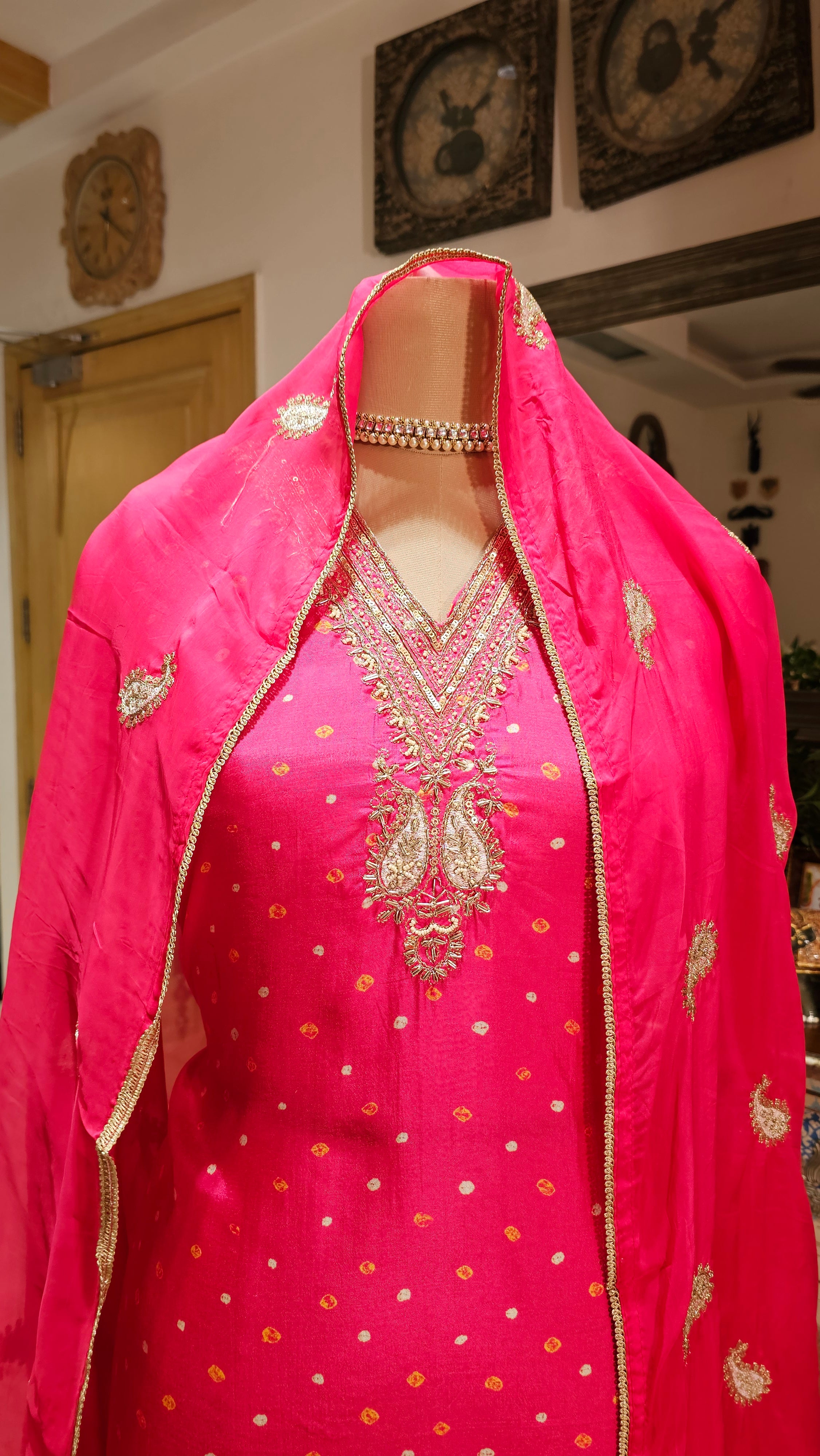 Beautiful Bandhej Print Muslin Silk Unstitched Suit With Hand Work