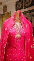 Beautiful Bandhej Print Muslin Silk Unstitched Suit With Hand Work