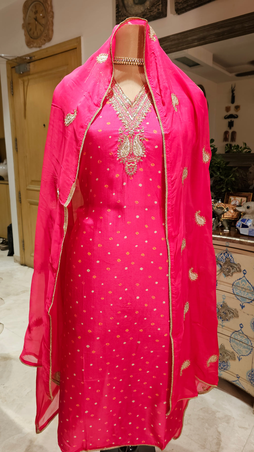 Beautiful Bandhej Print Muslin Silk Unstitched Suit With Hand Work