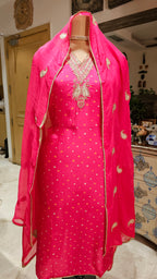 Beautiful Bandhej Print Muslin Silk Unstitched Suit With Hand Work
