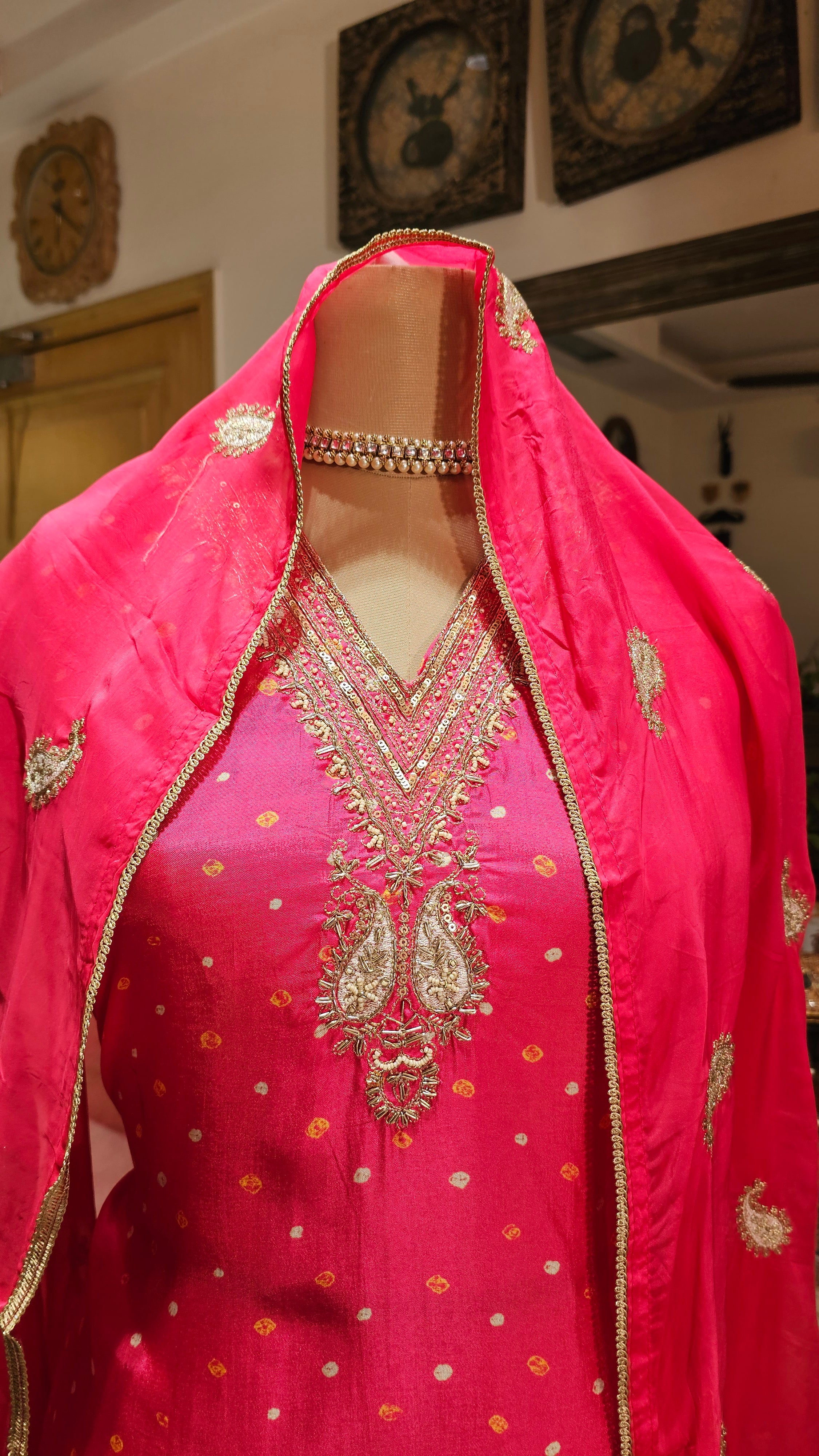 Beautiful Bandhej Print Muslin Silk Unstitched Suit With Hand Work