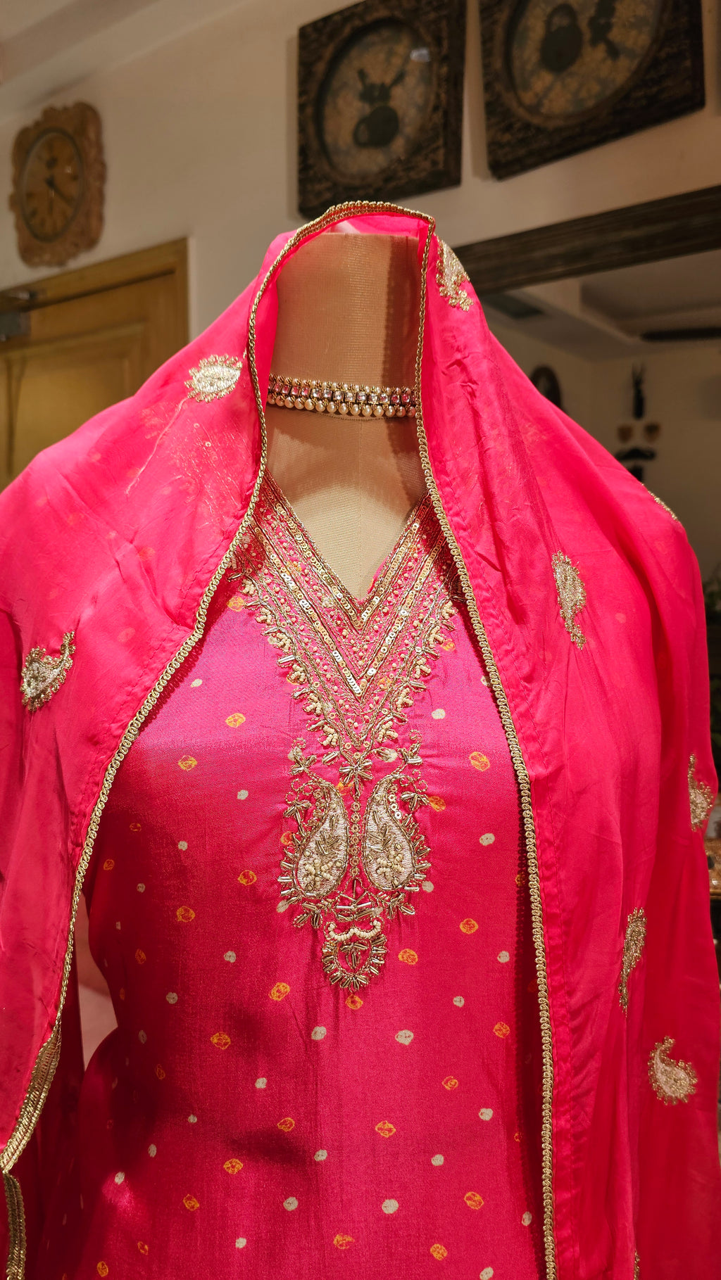 Beautiful Bandhej Print Muslin Silk Unstitched Suit With Hand Work