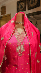Beautiful Bandhej Print Muslin Silk Unstitched Suit With Hand Work