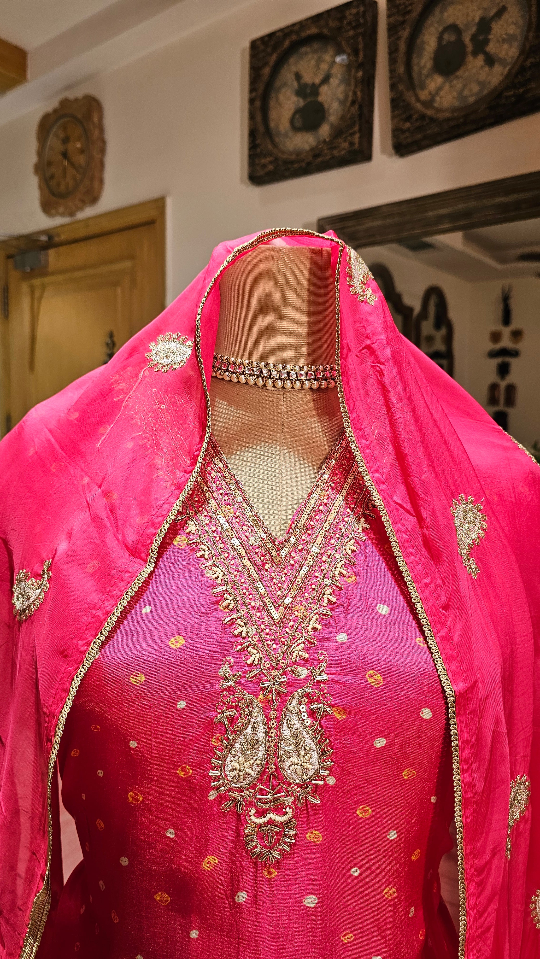 Beautiful Bandhej Print Muslin Silk Unstitched Suit With Hand Work