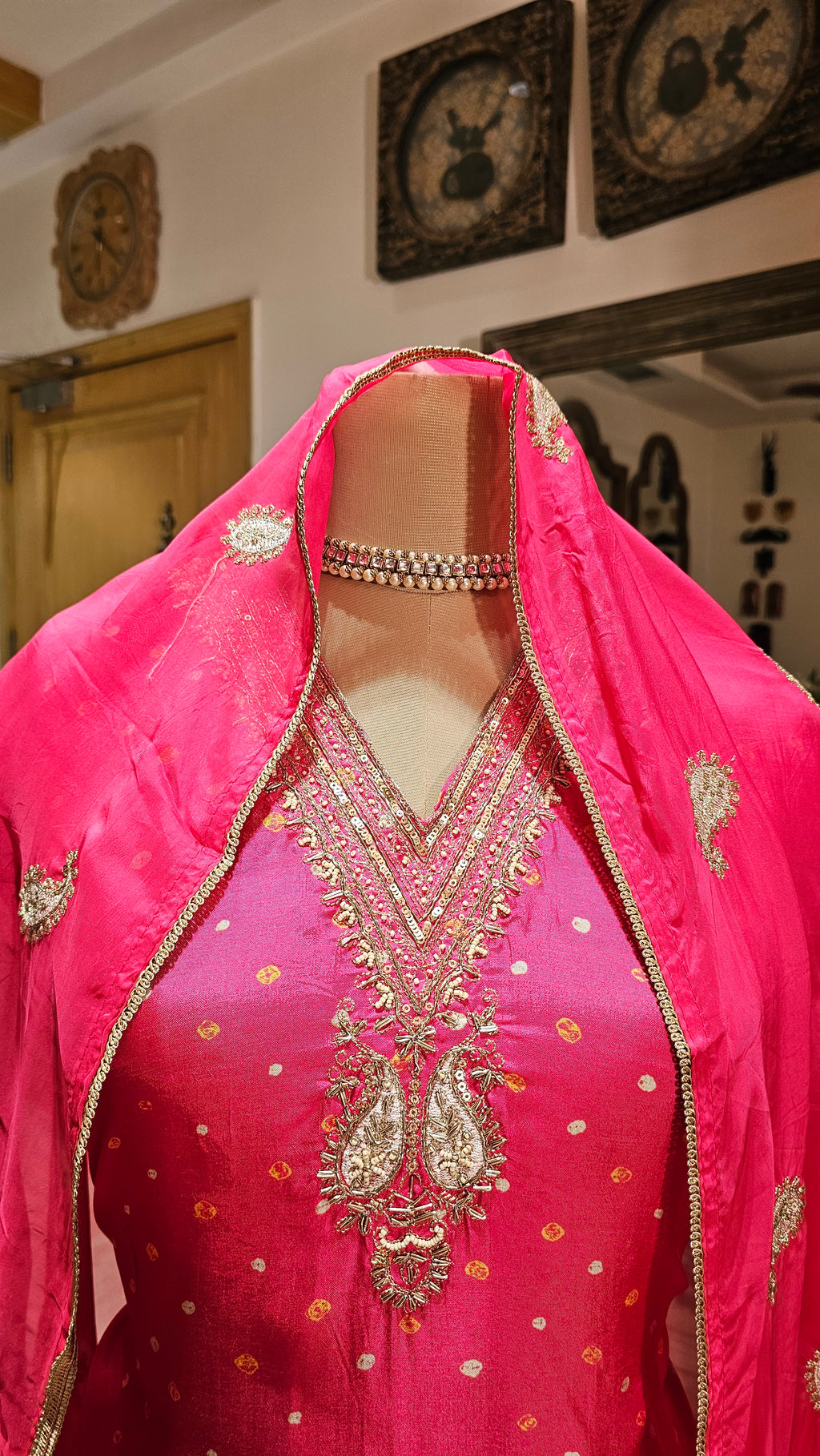 Beautiful Bandhej Print Muslin Silk Unstitched Suit With Hand Work