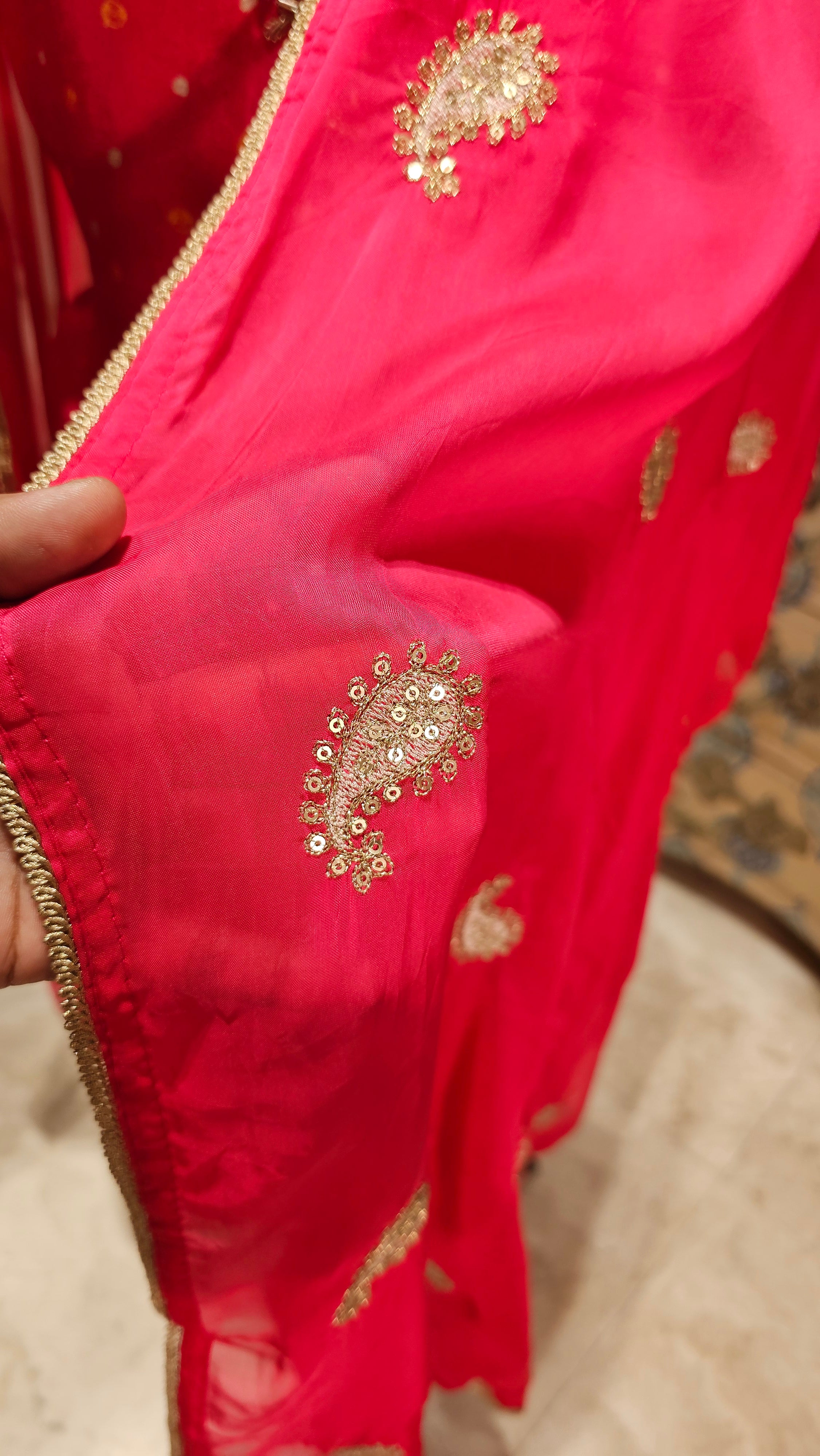 Beautiful Bandhej Print Muslin Silk Unstitched Suit With Hand Work