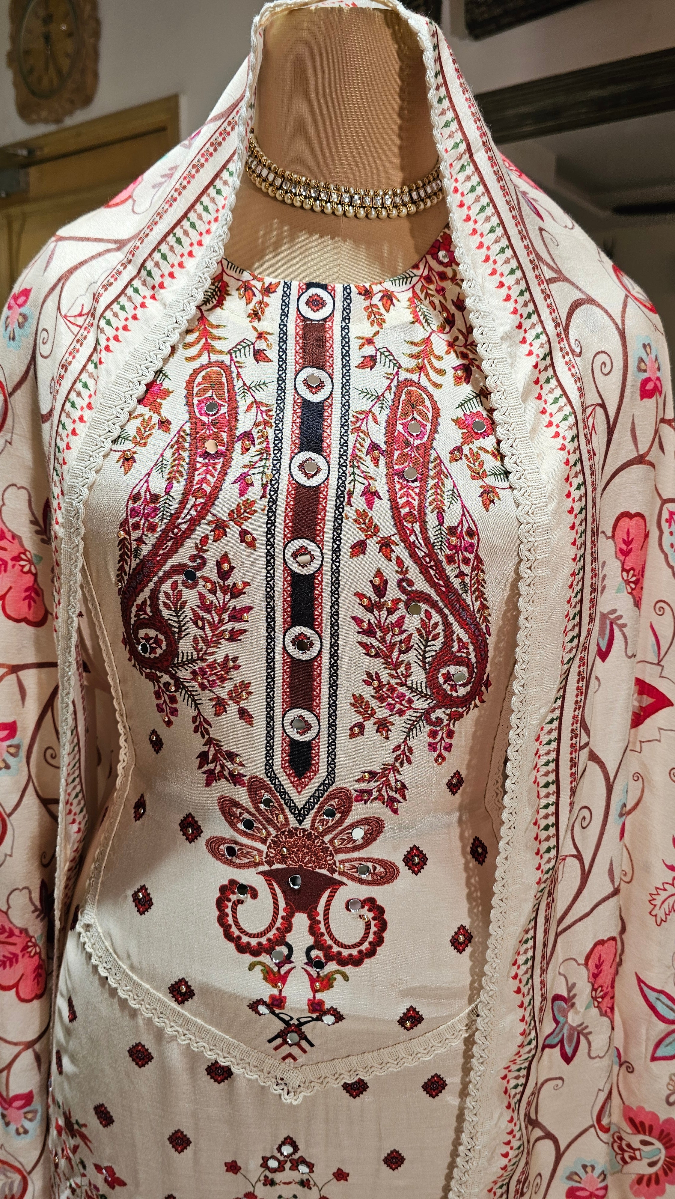 Beautiful Digital Printed Muslin Unstitched Suit With Mirror Work