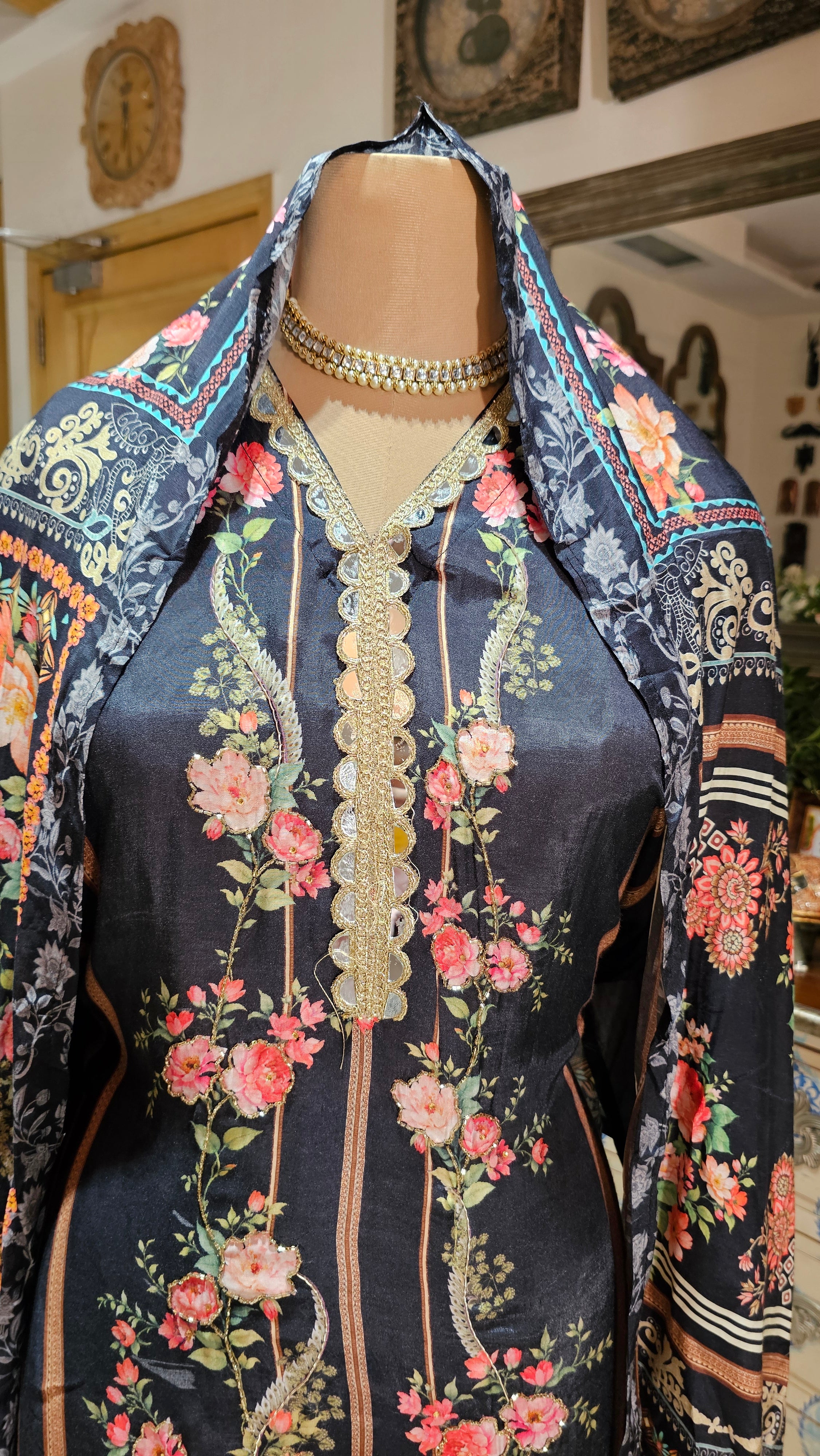 Beautiful Pakistani Printed Muslin Unstitched Suit With Mirror Work