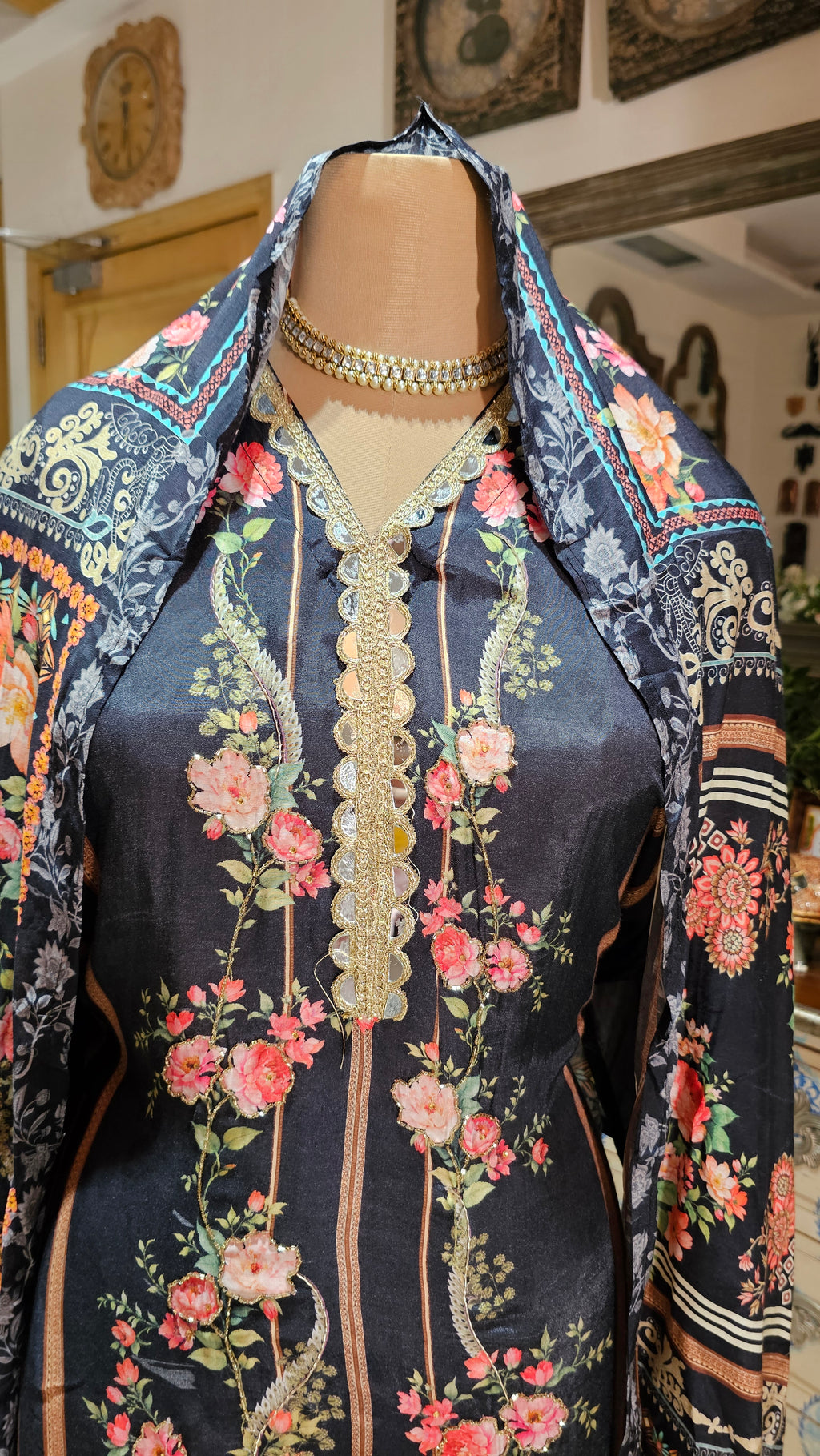 Beautiful Pakistani Printed Muslin Unstitched Suit With Mirror Work