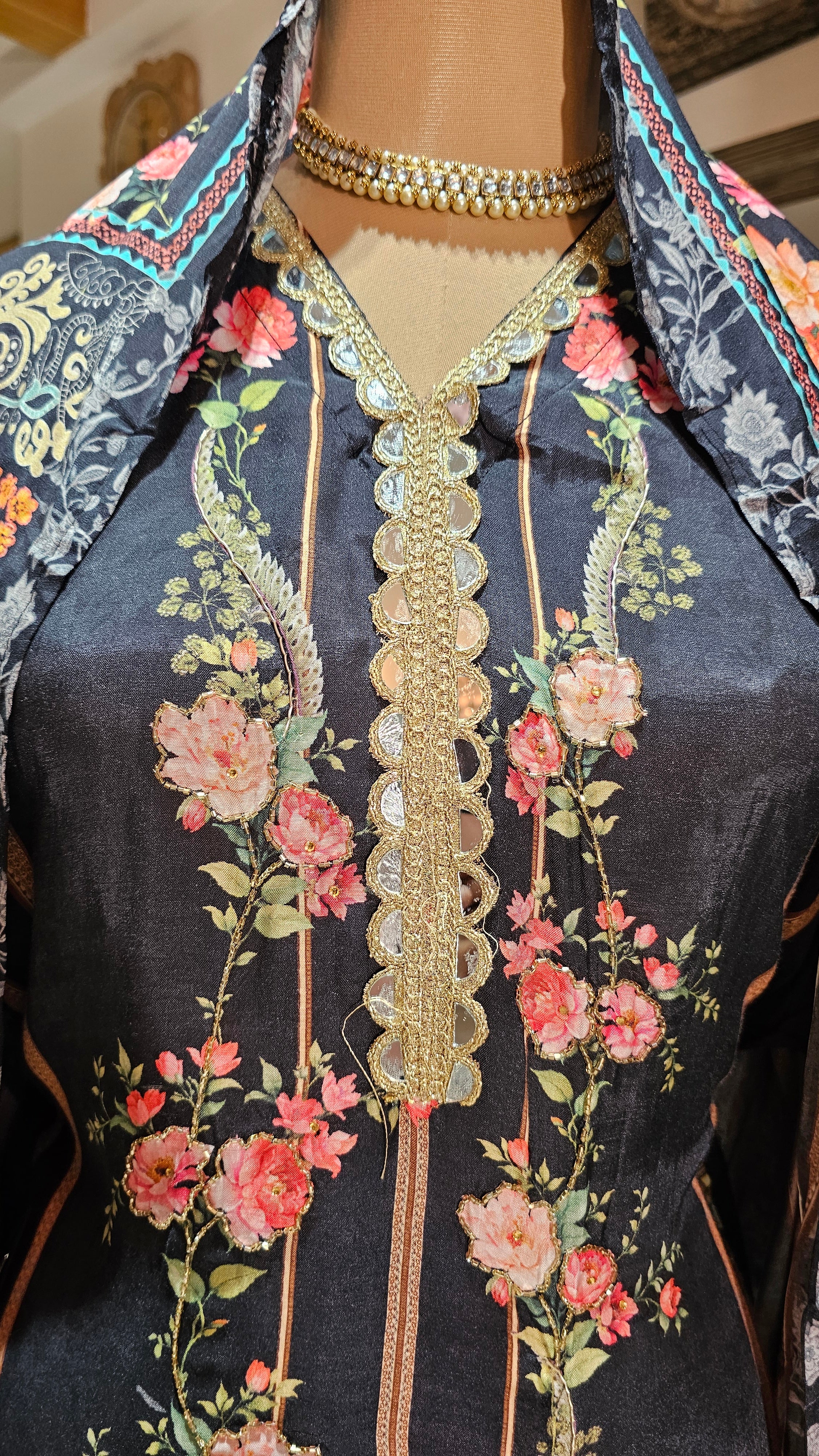 Beautiful Pakistani Printed Muslin Unstitched Suit With Mirror Work