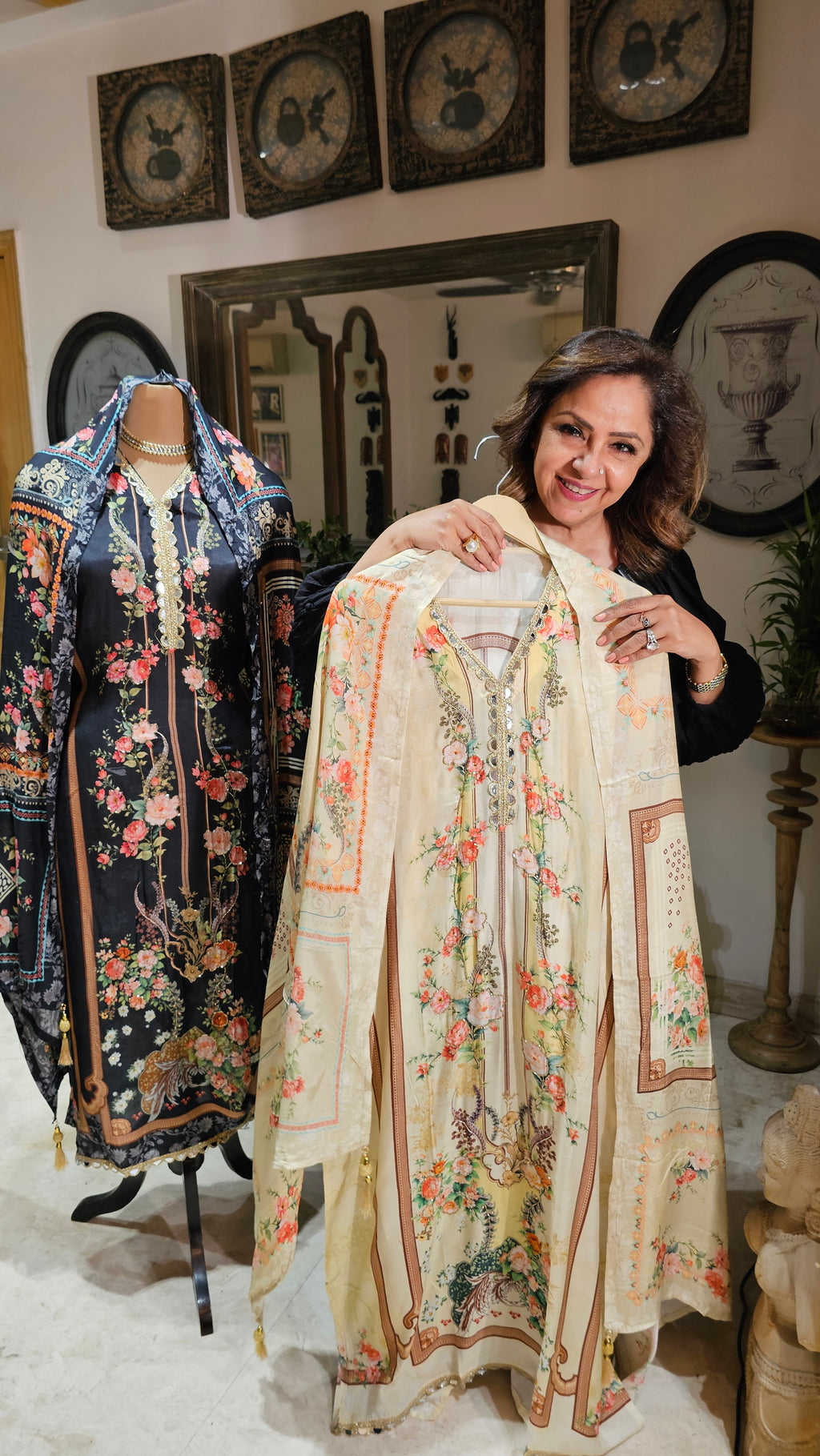 Beautiful Pakistani Printed Muslin Unstitched Suit With Mirror Work