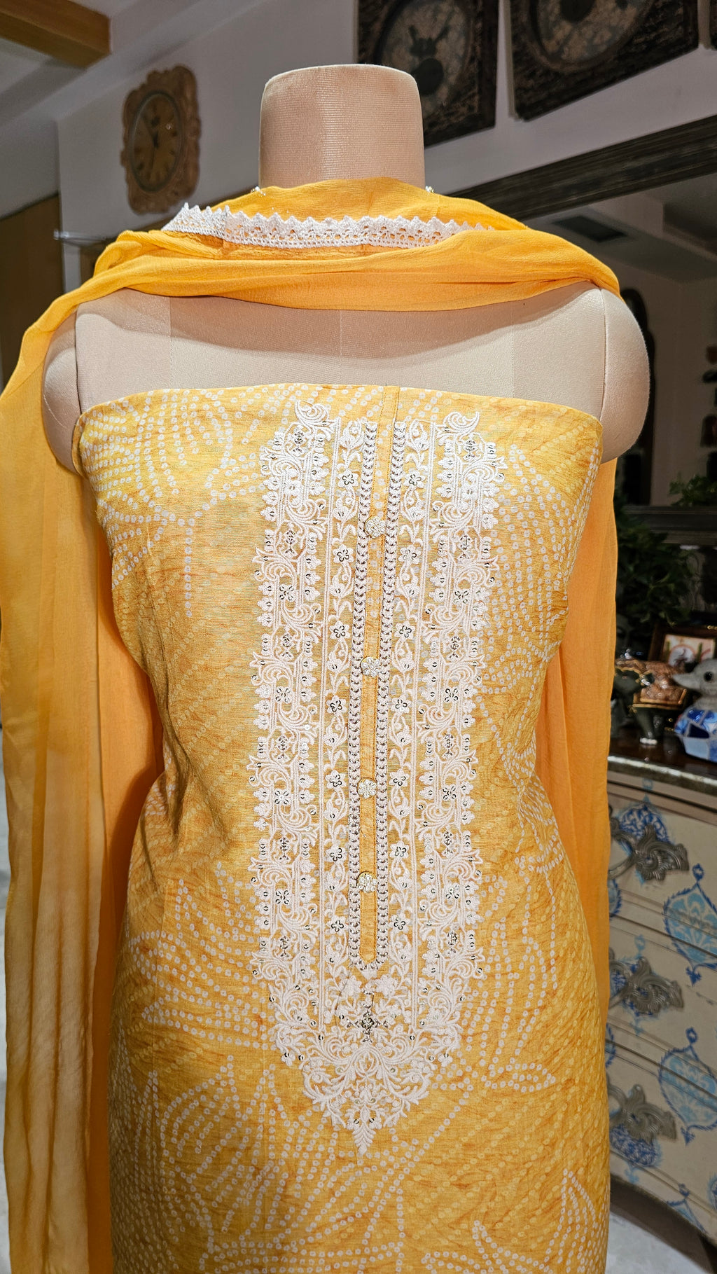 Beautiful Bandhej Printed Pure Linen Unstitched Suit With Resham, Zari & Sequins Work