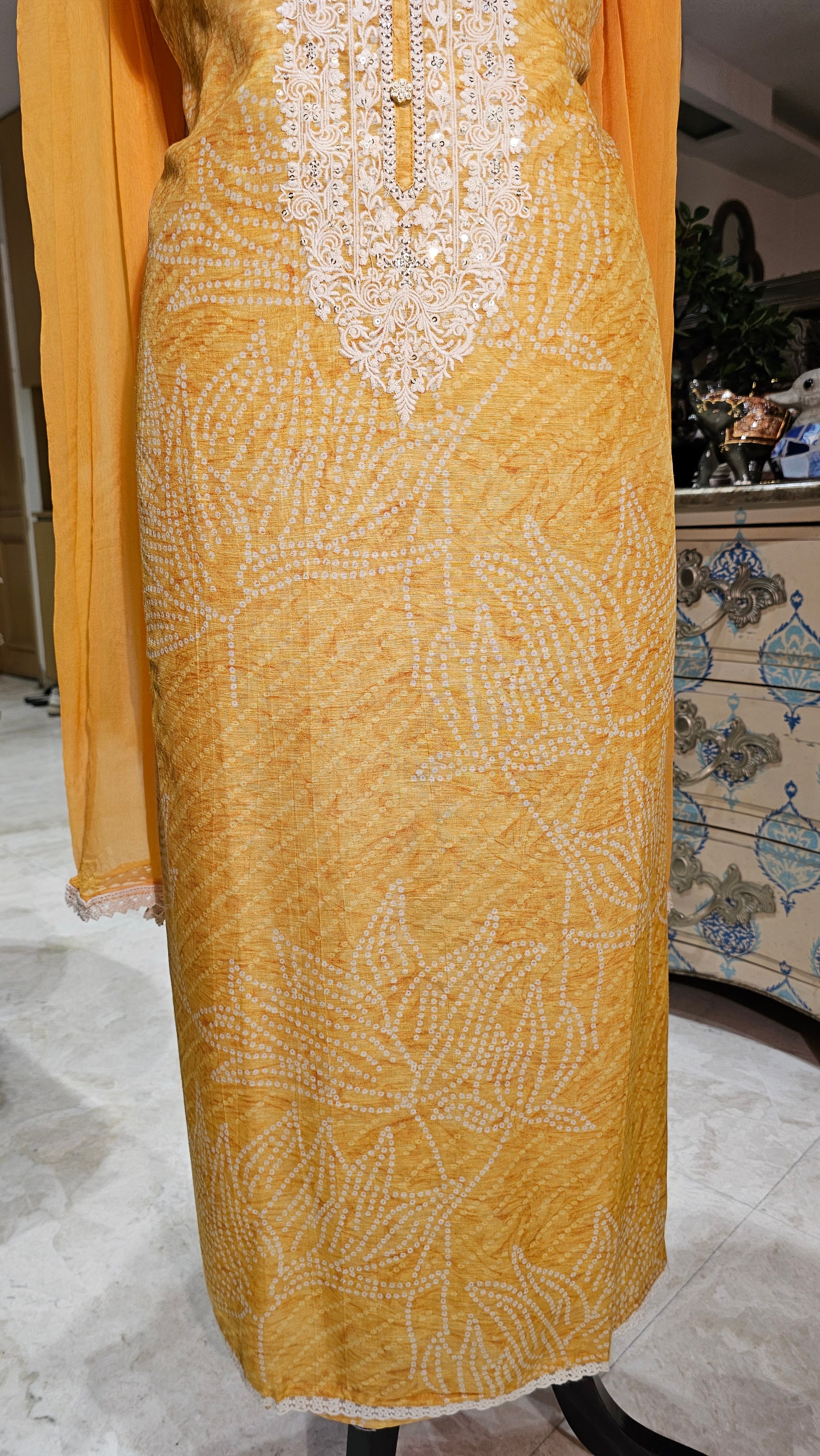 Beautiful Bandhej Printed Pure Linen Unstitched Suit With Resham, Zari & Sequins Work