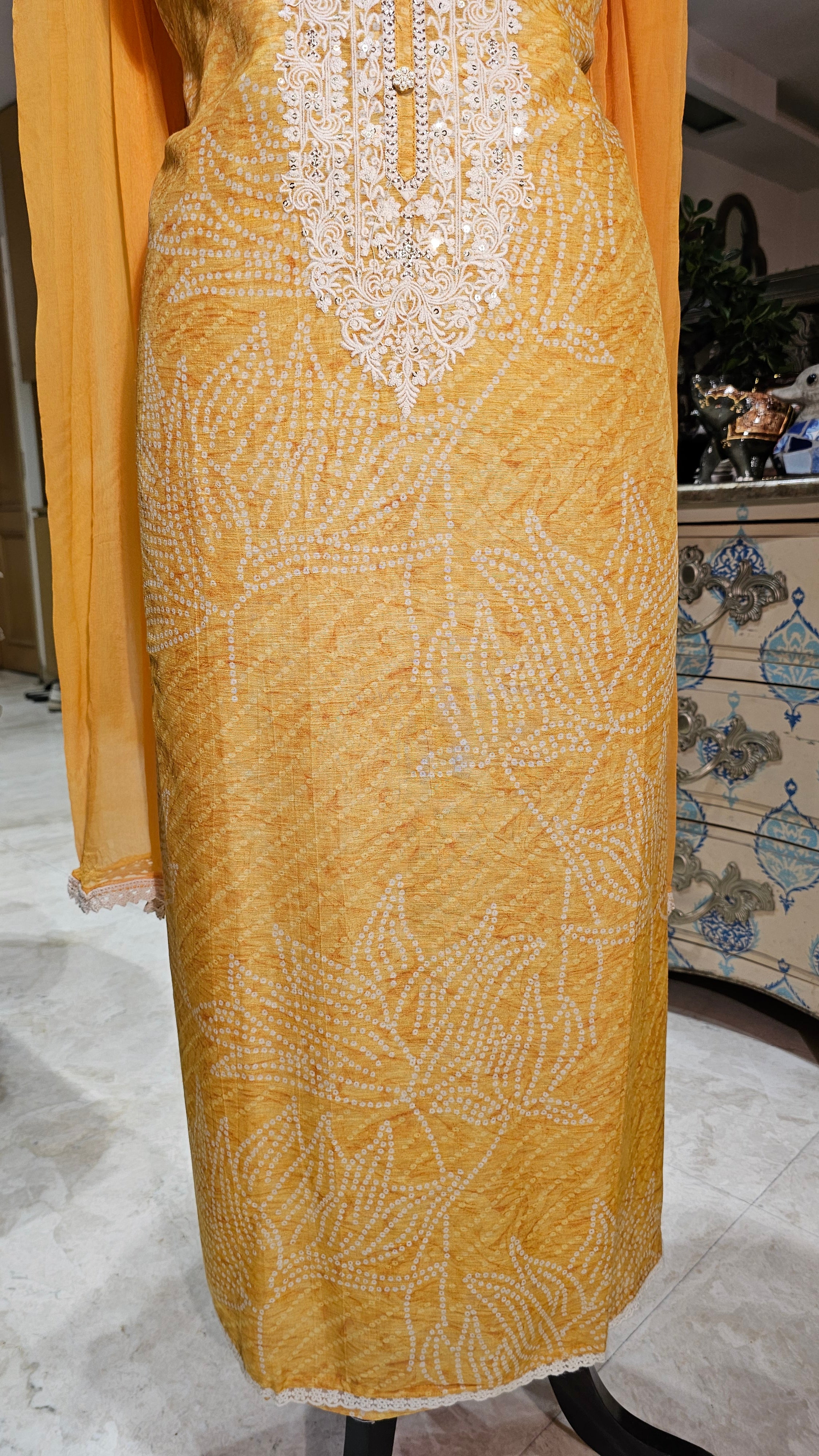 Beautiful Bandhej Printed Pure Linen Unstitched Suit With Resham, Zari & Sequins Work
