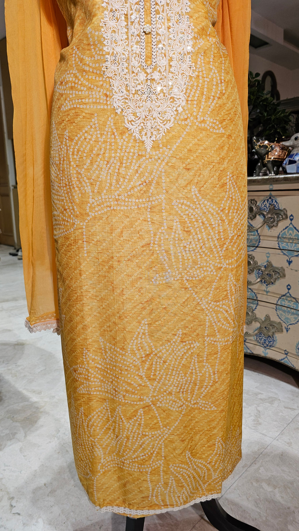 Beautiful Bandhej Printed Pure Linen Unstitched Suit With Resham, Zari & Sequins Work