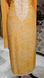 Beautiful Bandhej Printed Pure Linen Unstitched Suit With Resham, Zari & Sequins Work