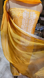 Beautiful Bandhej Printed Pure Linen Unstitched Suit With Resham, Zari & Sequins Work
