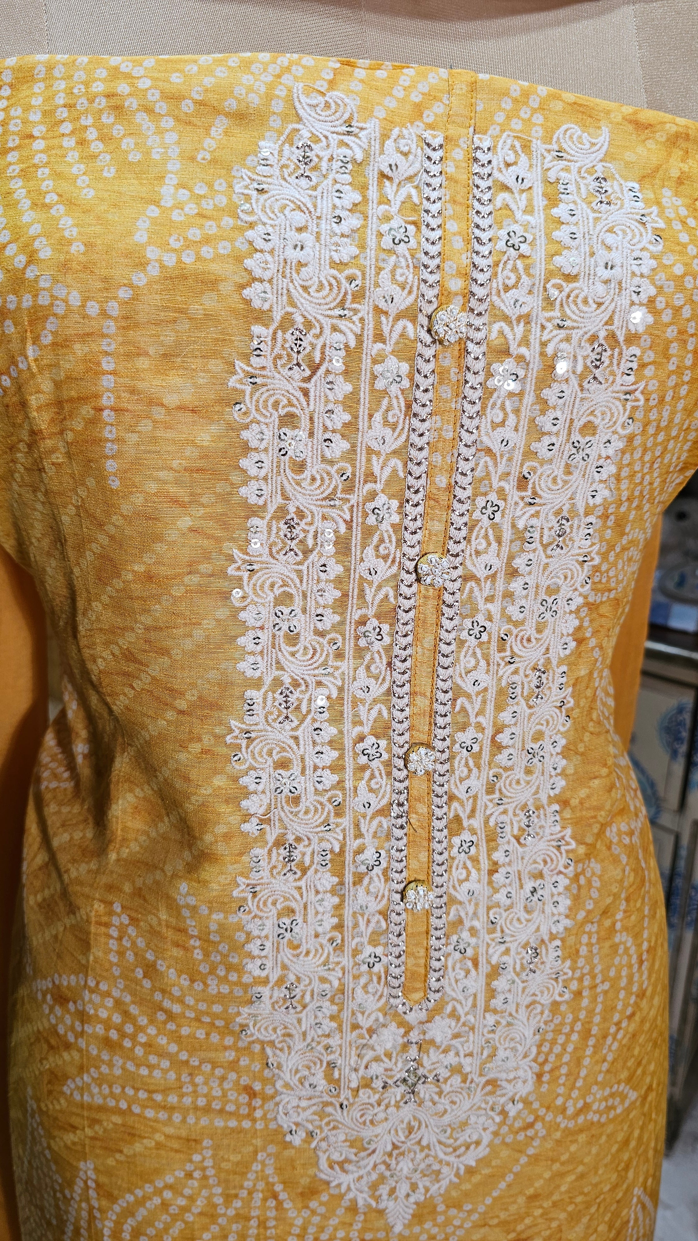 Beautiful Bandhej Printed Pure Linen Unstitched Suit With Resham, Zari & Sequins Work